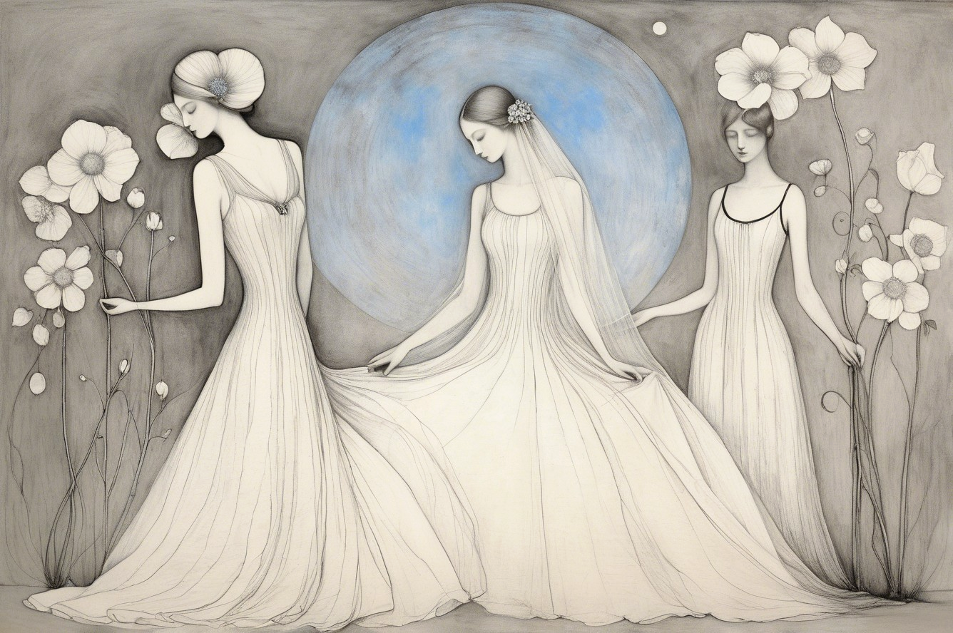 Ethereal Women in Flowing Dresses Among Flowers