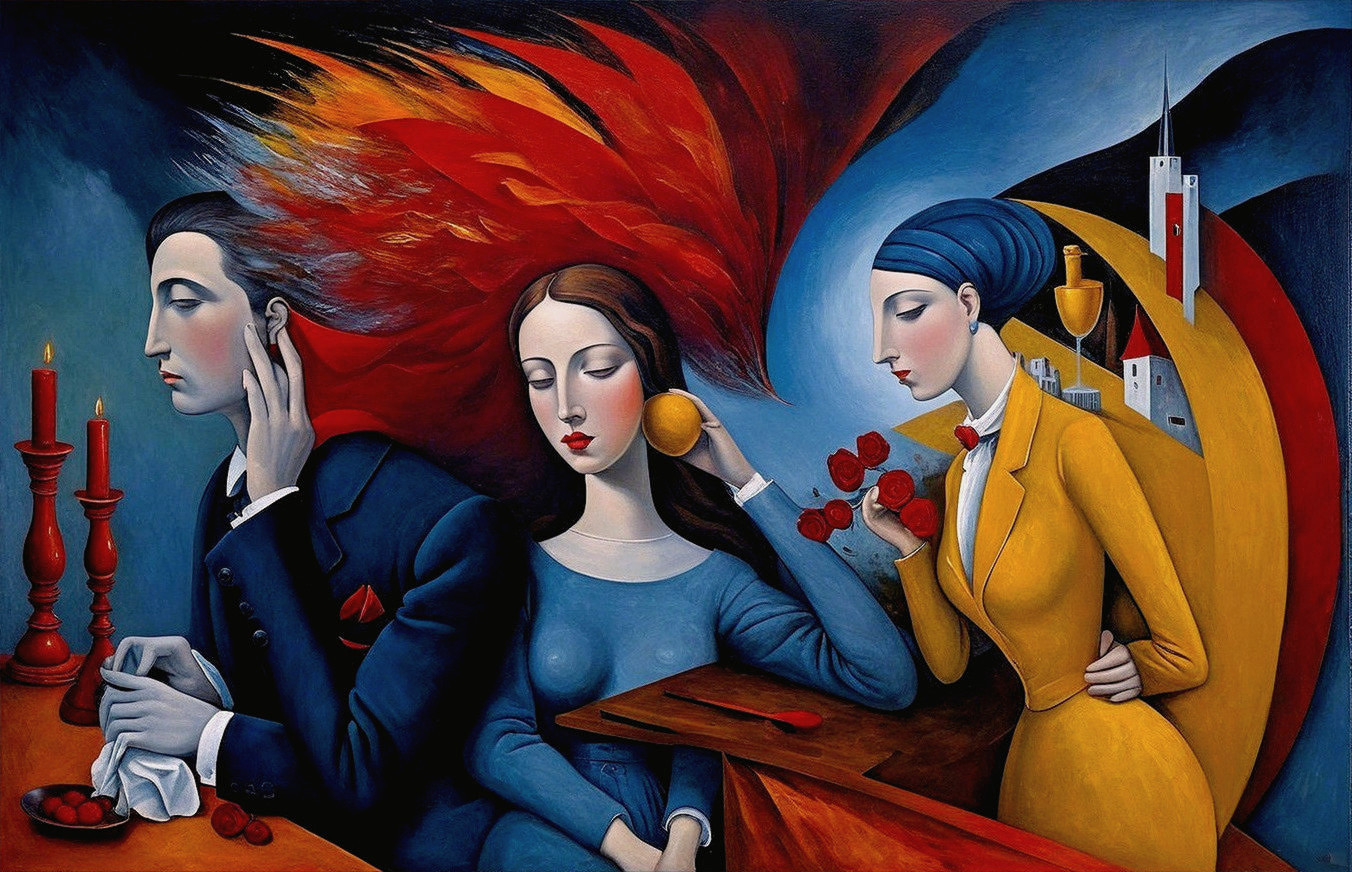 Surreal Painting of Three Figures with Dramatic Colors