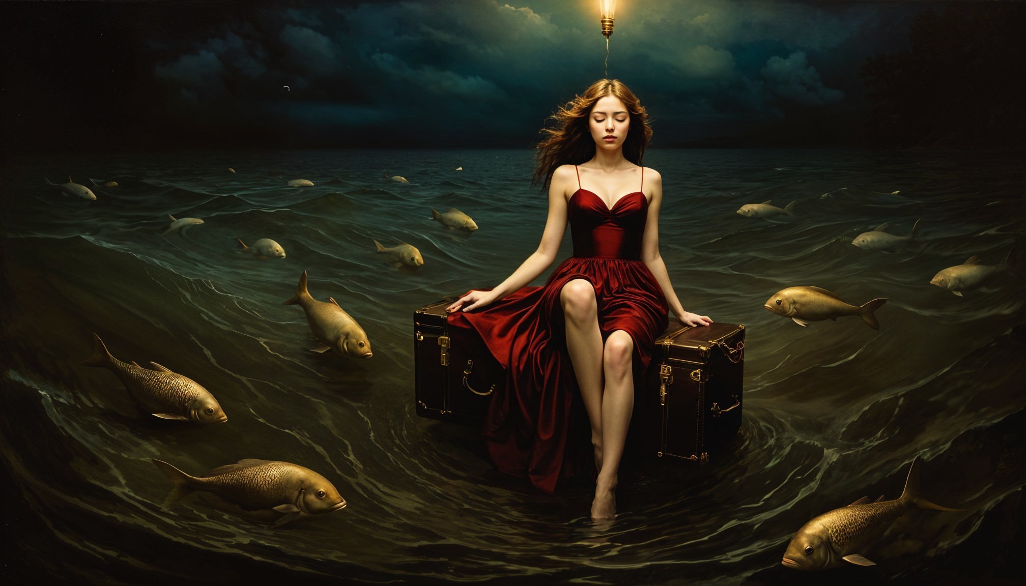 Serene figure in red dress atop vintage suitcase in water