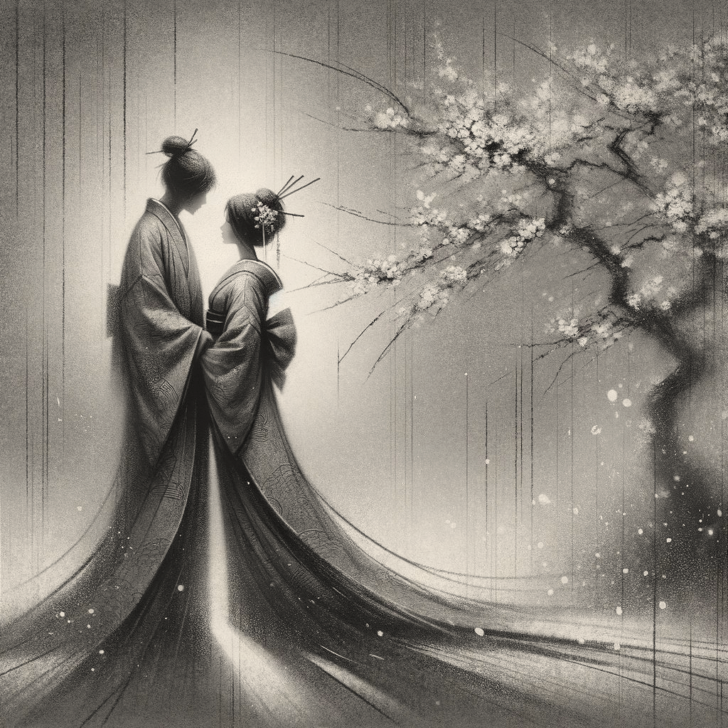 Elegant figures in kimono under cherry blossoms