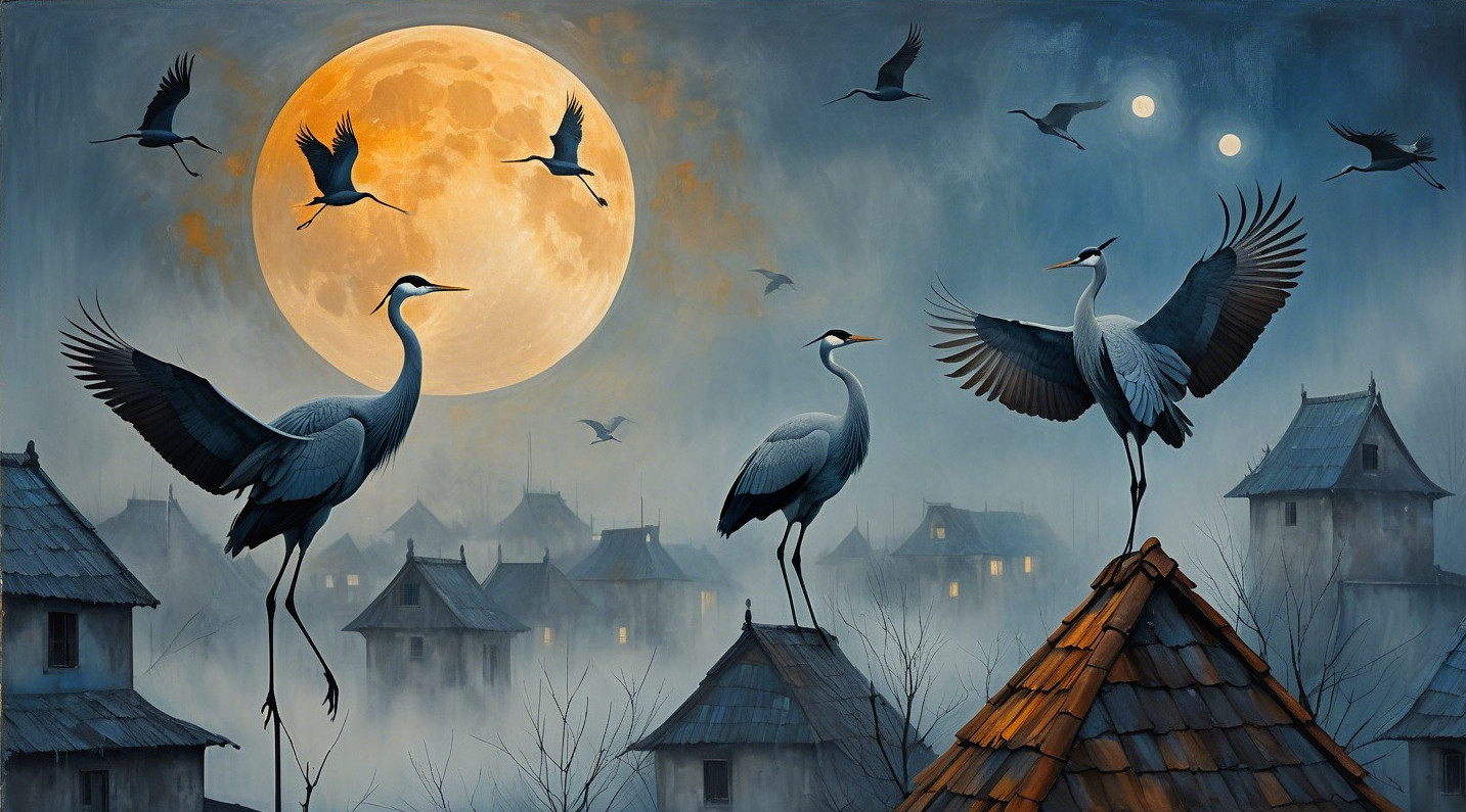 Cranes in Flight Over Tranquil Rooftops at Night