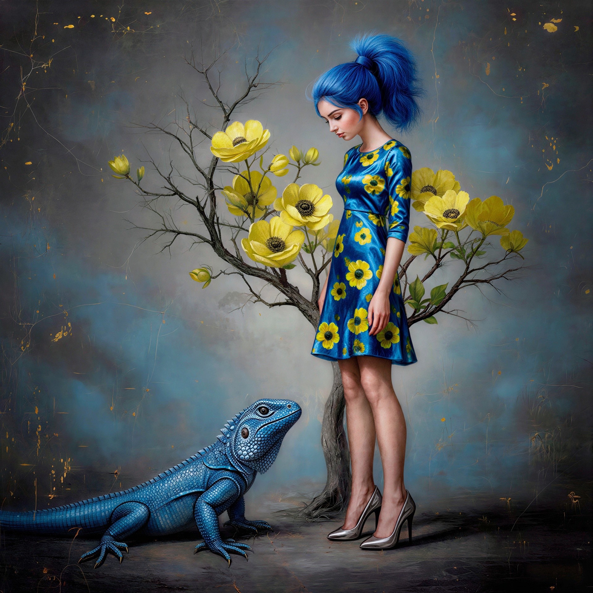 Elegant Woman in Royal Blue Dress Near Yellow Flowers