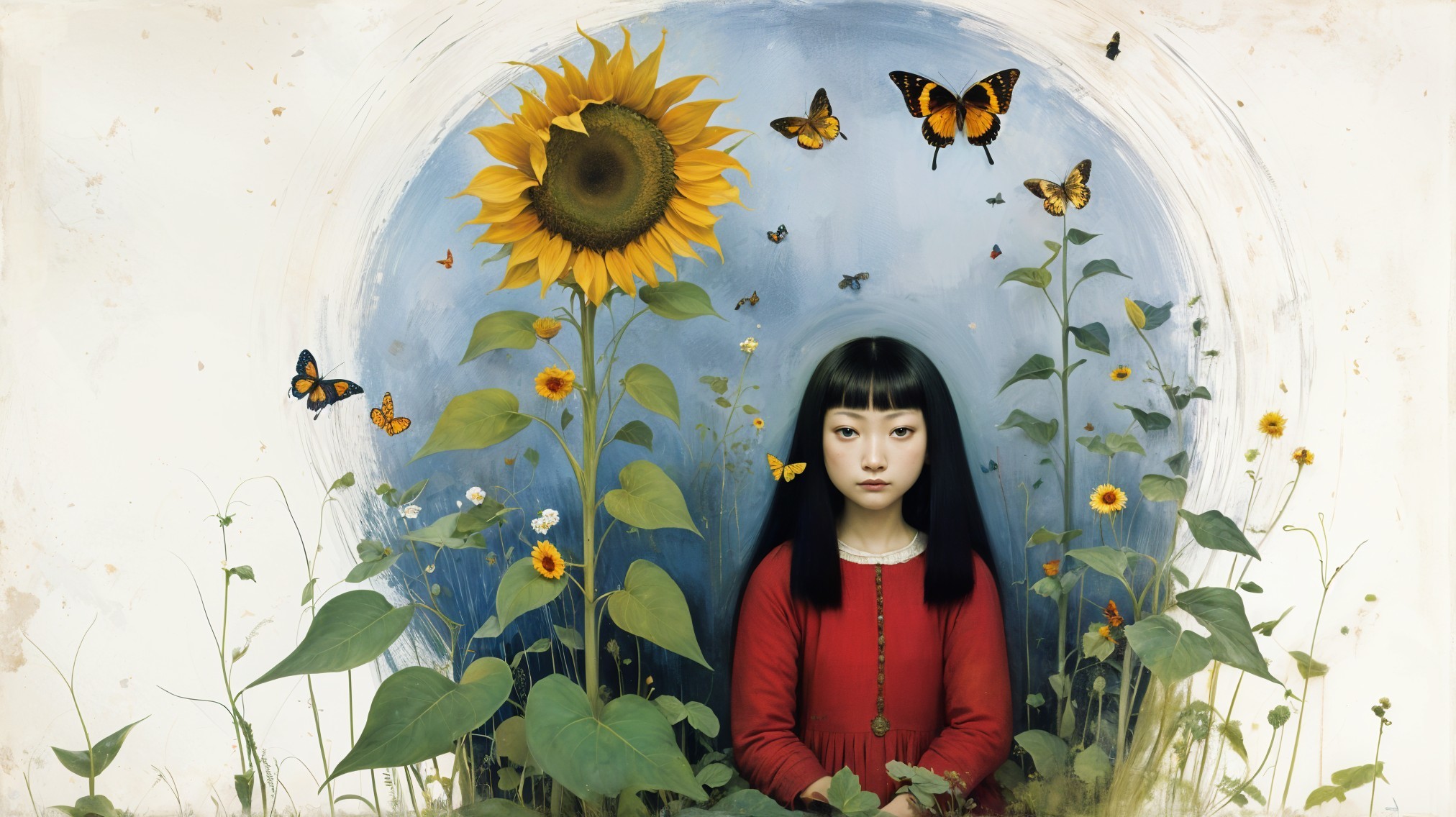 Young girl in red dress among sunflowers and butterflies