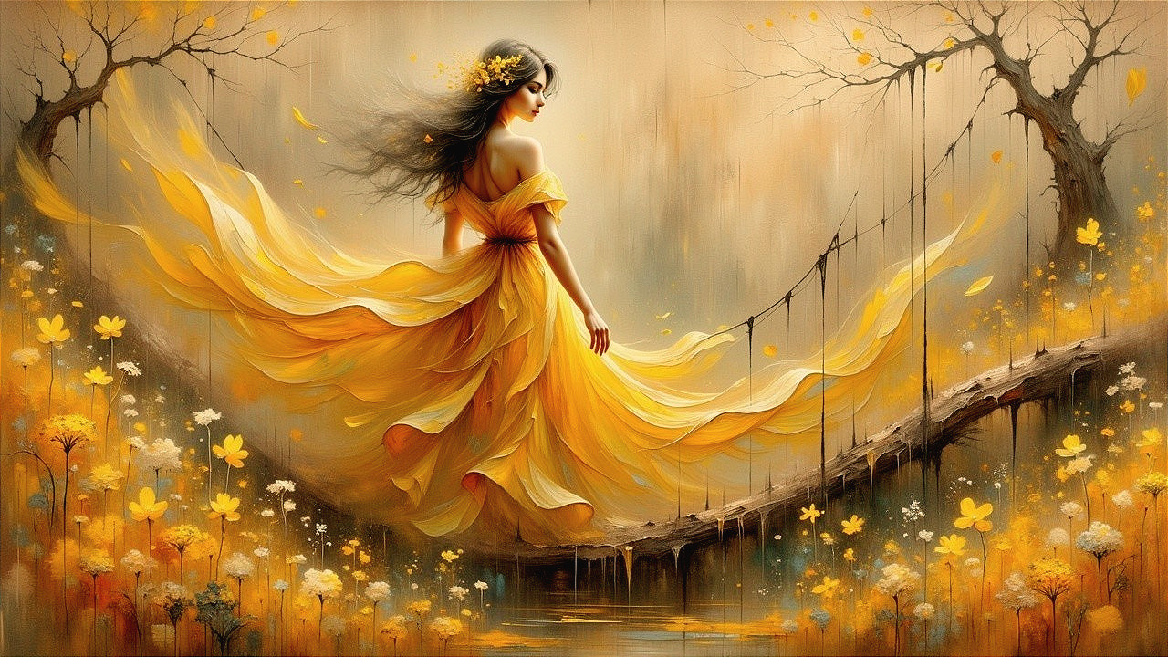 Woman in Yellow Dress on Wooden Bridge in Autumn