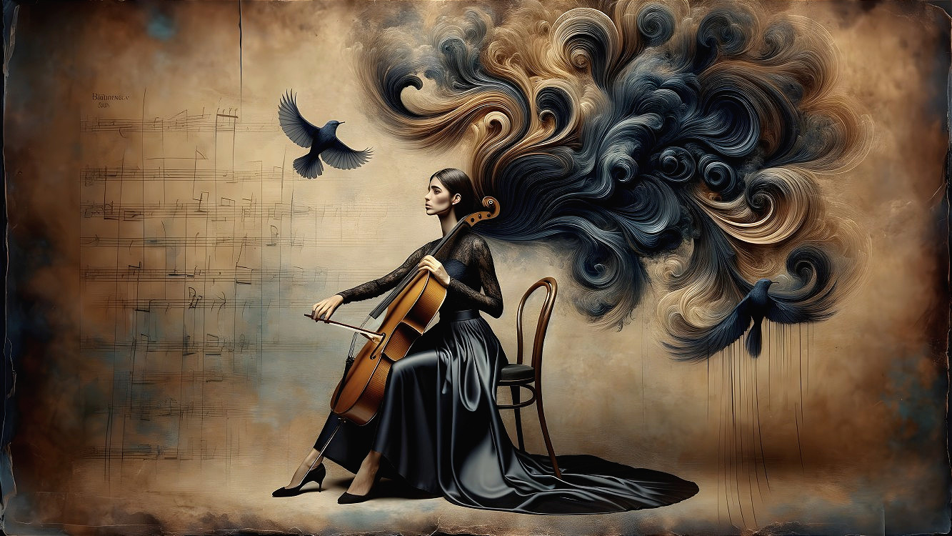 Woman Playing Cello with Abstract Musical Elements