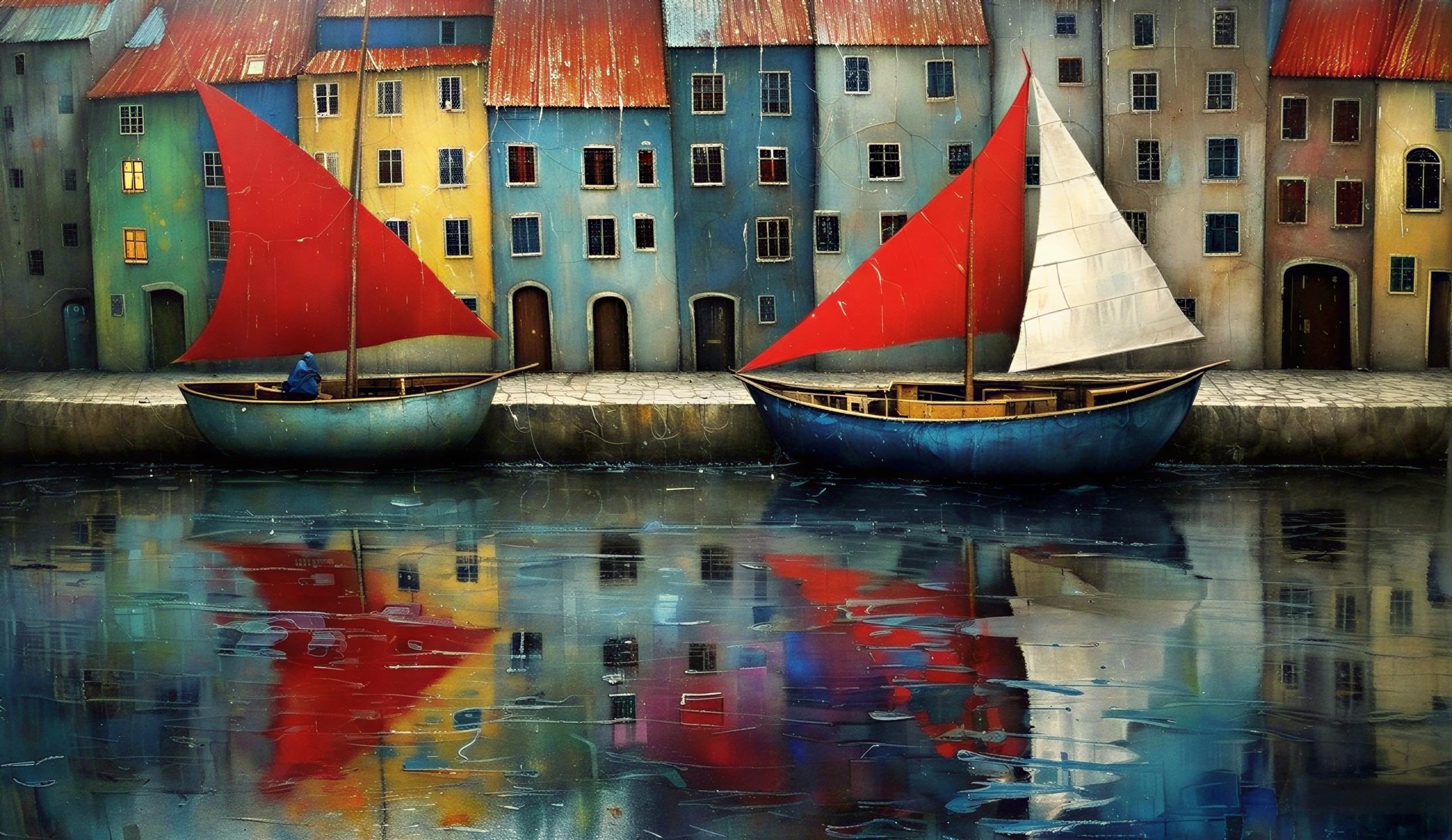 Vibrant seaside scene with boats and colorful buildings