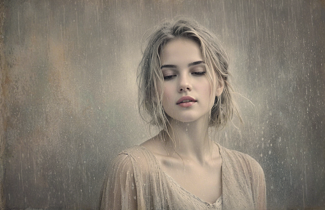 Ethereal Portrait of a Young Woman in Rainy Atmosphere