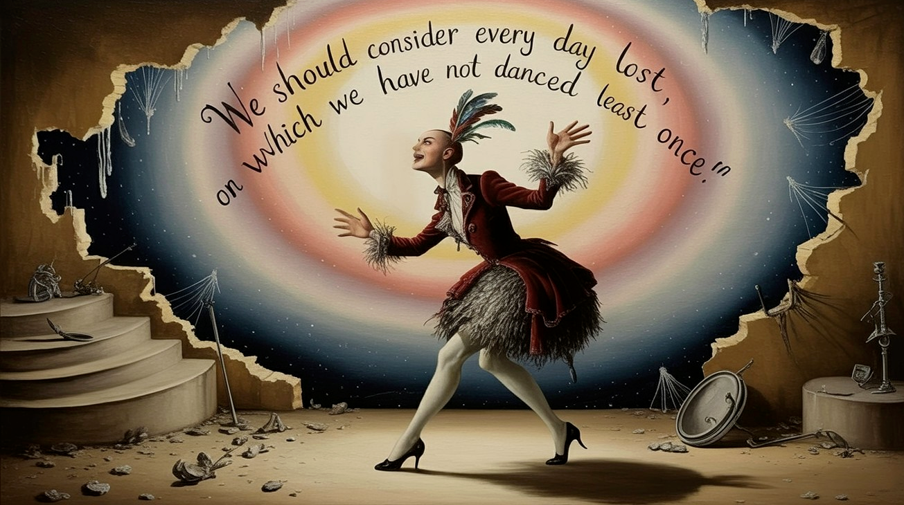 Whimsical figure in vibrant costume with colorful backdrop