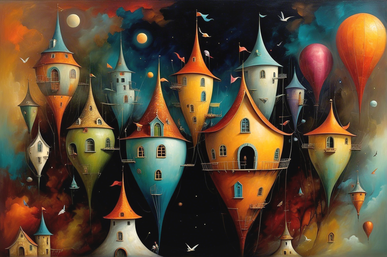 Whimsical Landscape with Floating Colorful Houses
