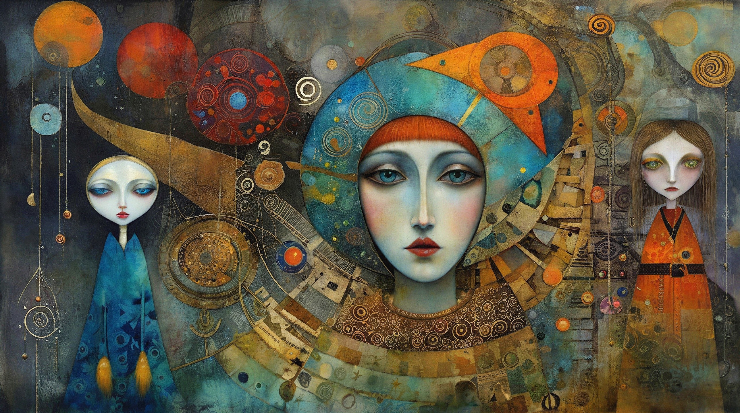 Three Stylized Figures in Colorful Abstract Setting