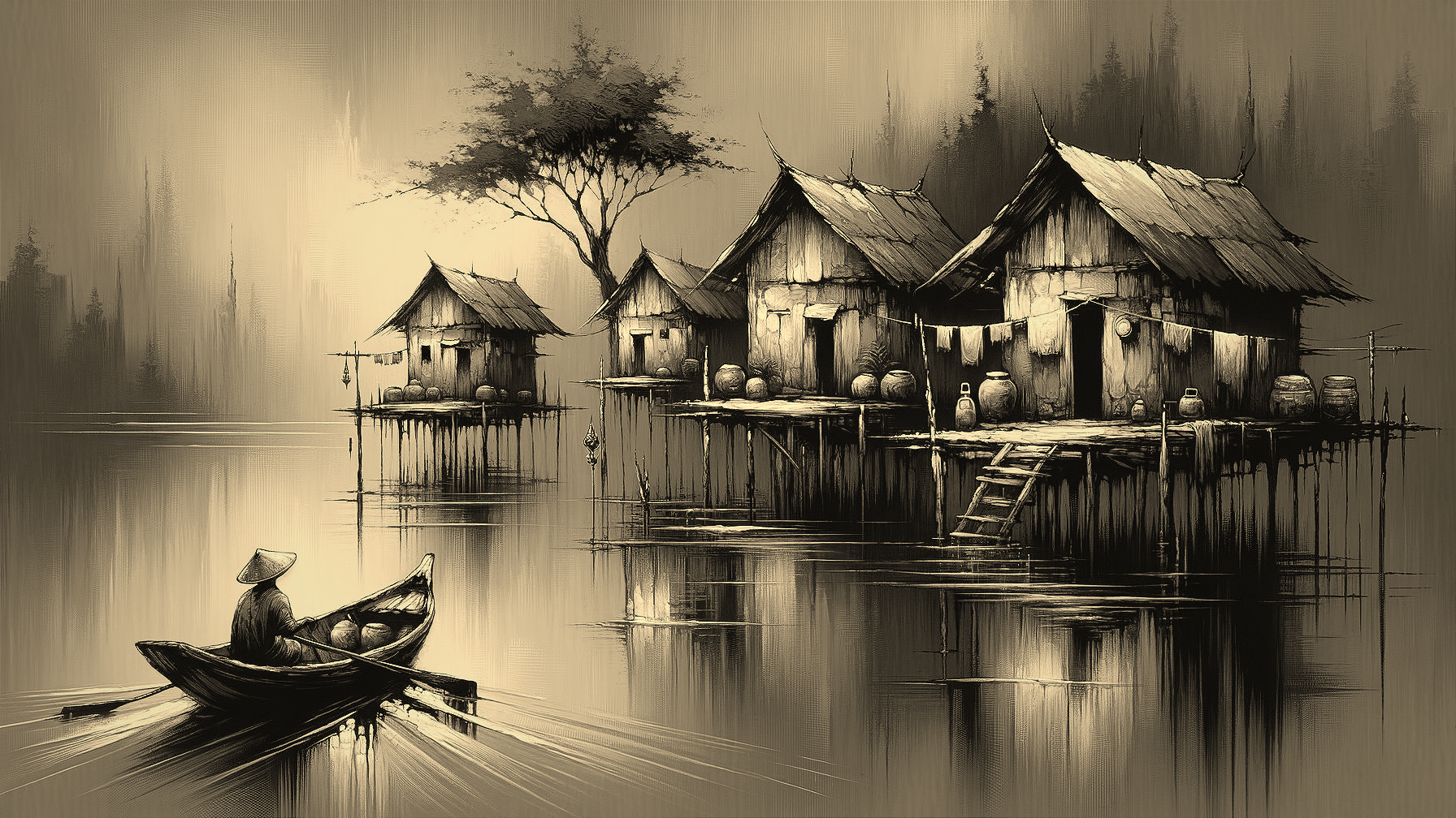 Traditional Wooden Houses on Stilts by Serene Water