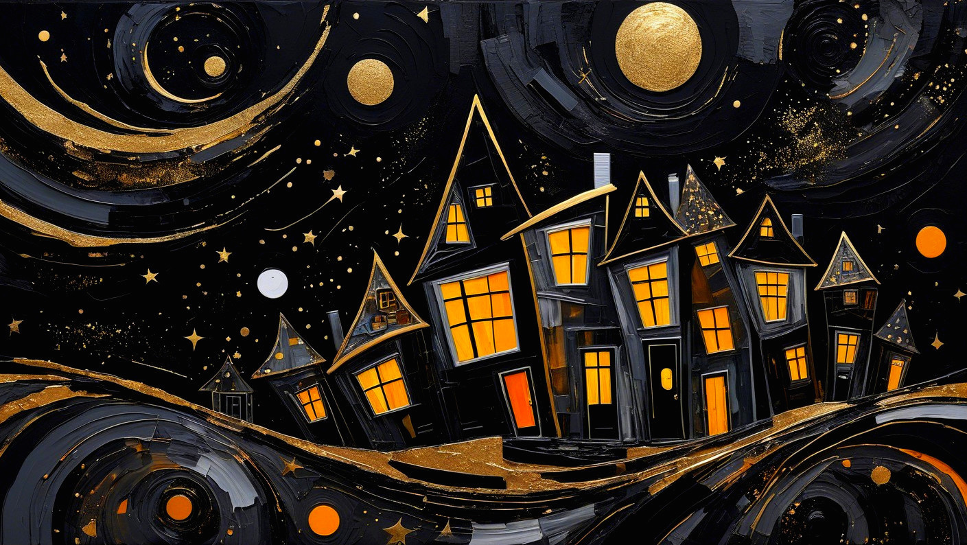 Whimsical Night Scene with Glowing Windows and Stars