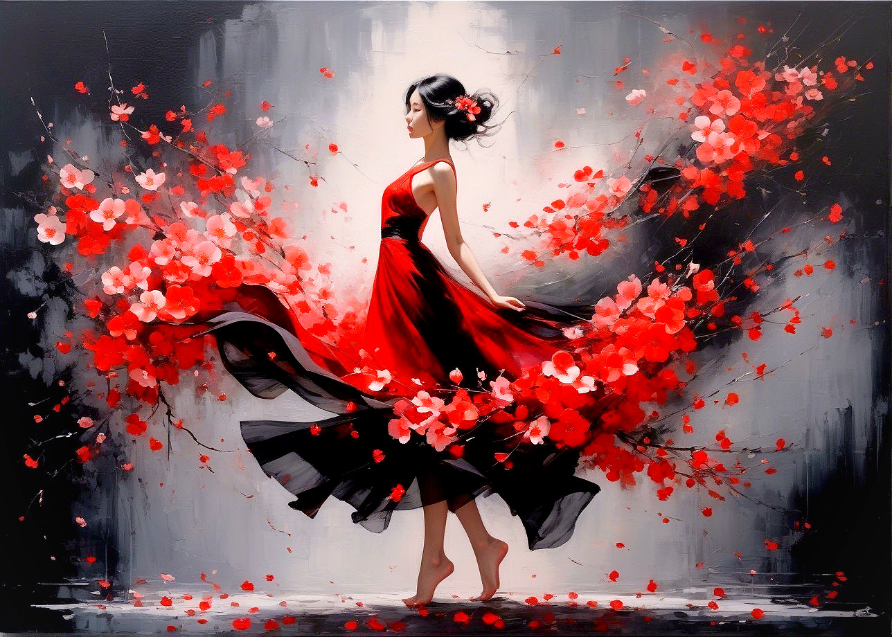 Graceful Figure in Red Dress Among Blossoms