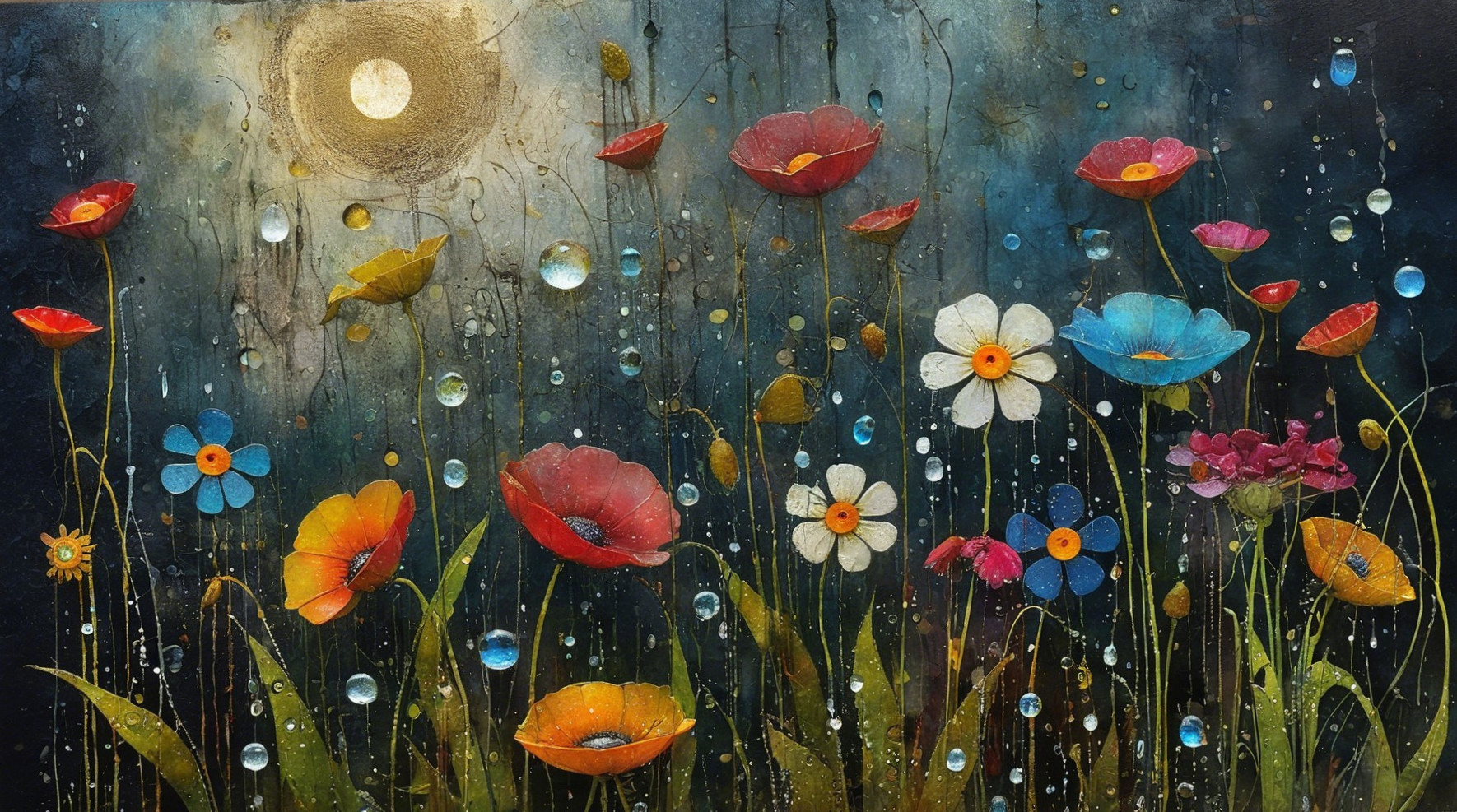 Vibrant Painting of Flowers Under a Glowing Sun