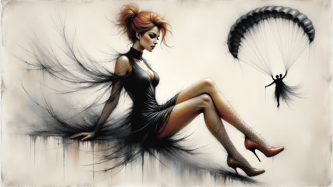 Elegant woman in black dress with parachute backdrop