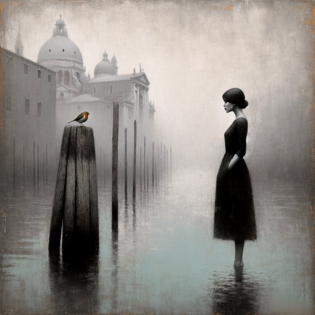 Misty Waterfront Scene with Woman in Black Dress