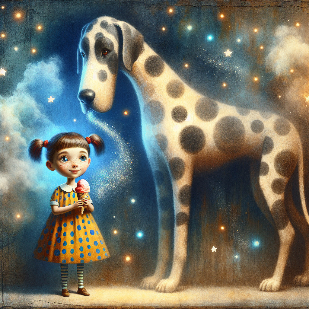 Whimsical Scene of Girl with Ice Cream and Dog