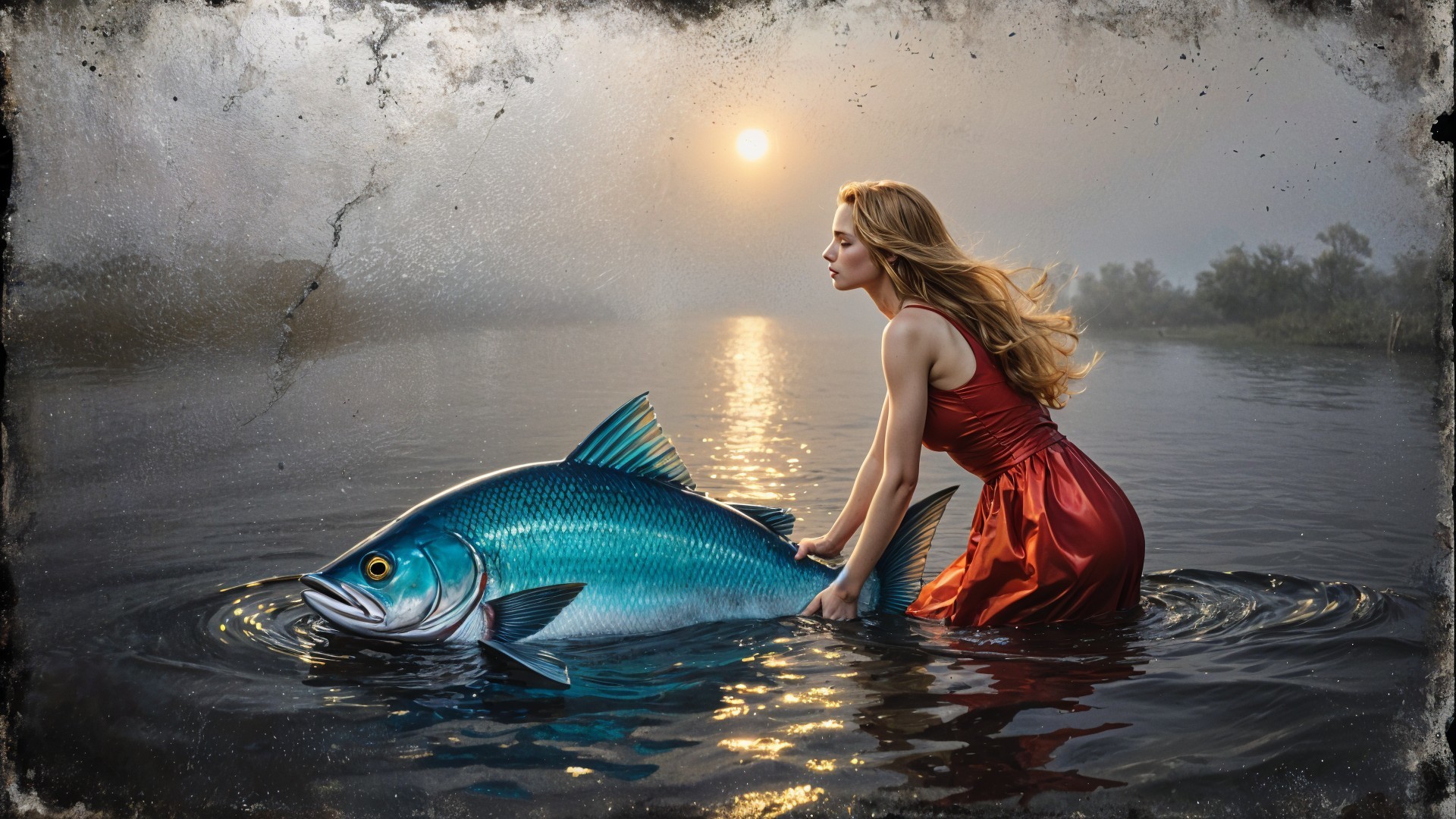 Woman in Red Dress with Blue Fish at Sunset River