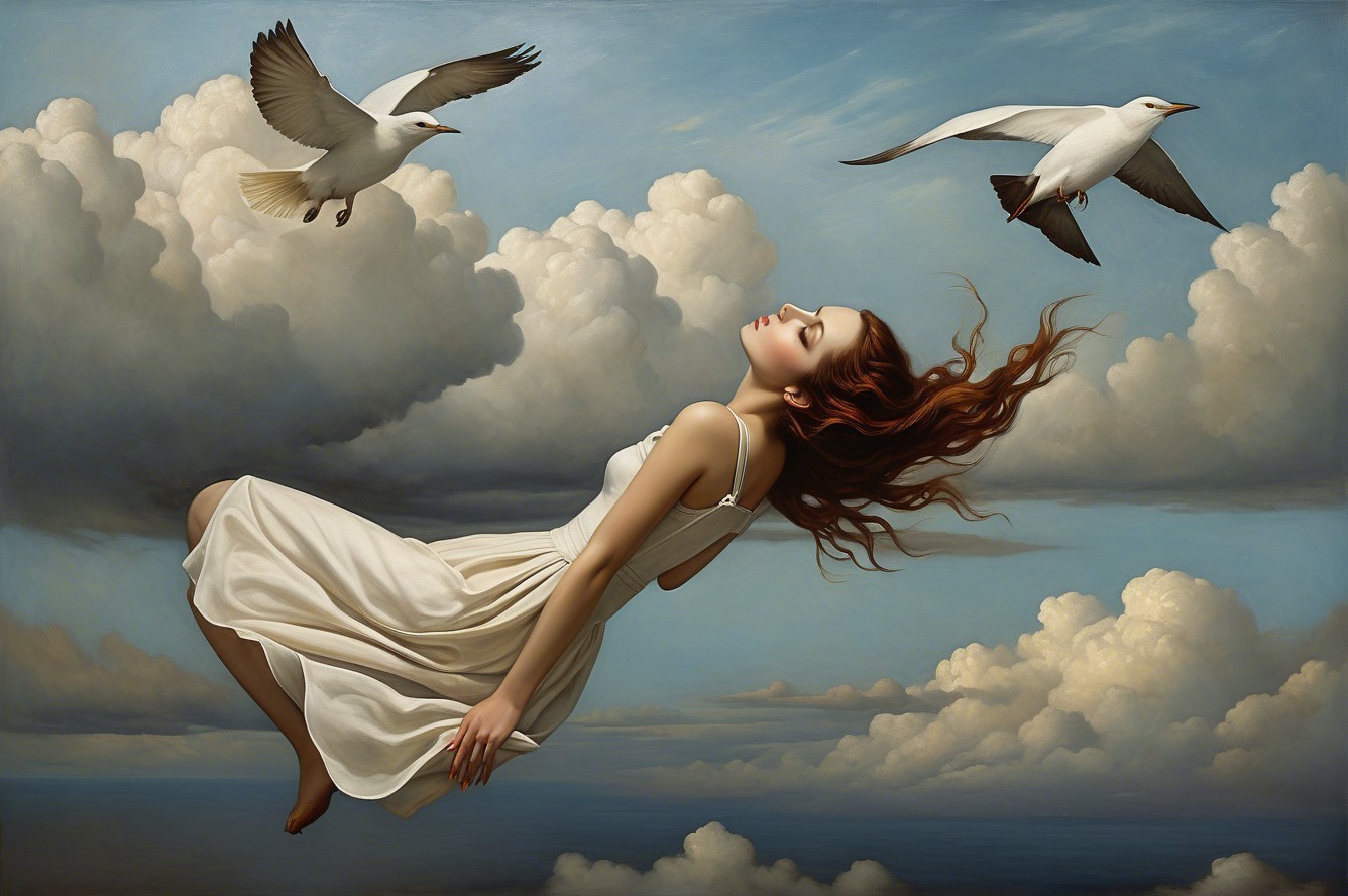 Young woman in white dress floating among clouds