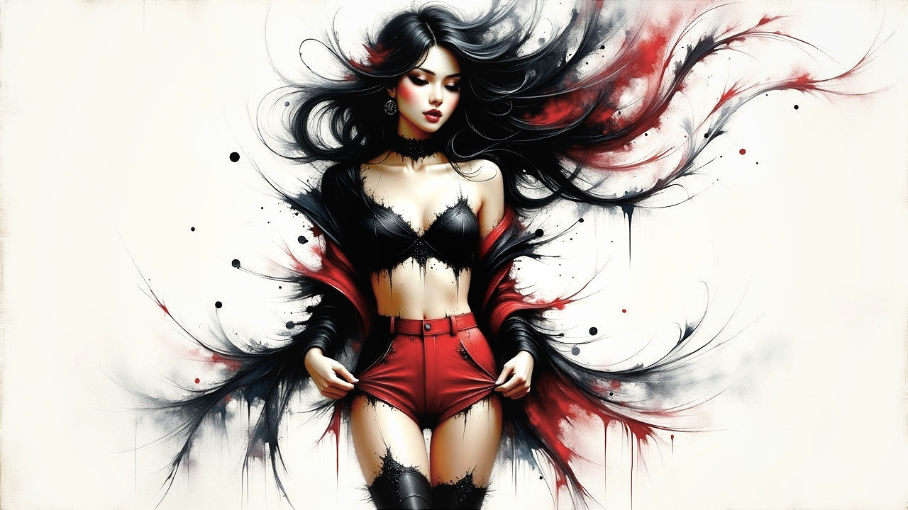 Bold Black and Red Ensemble with Fluid Patterns