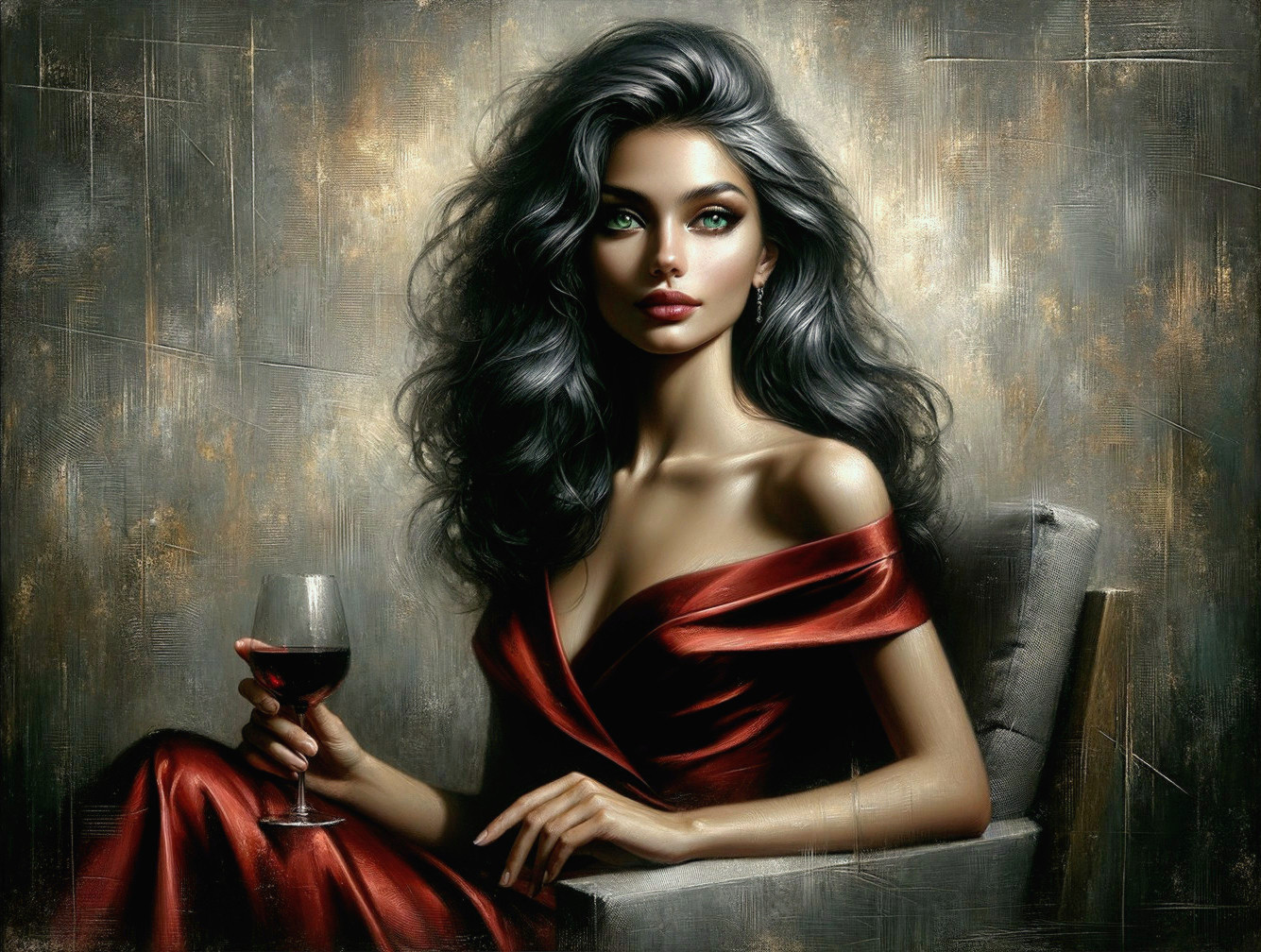 Glamorous woman in red dress with gray hair and wine