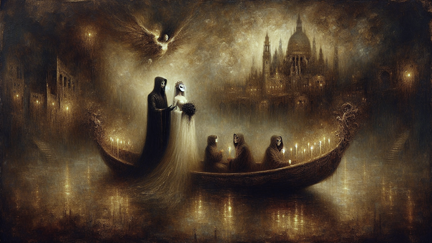 Mystical Scene with Cloaked Figures and Ethereal Angel