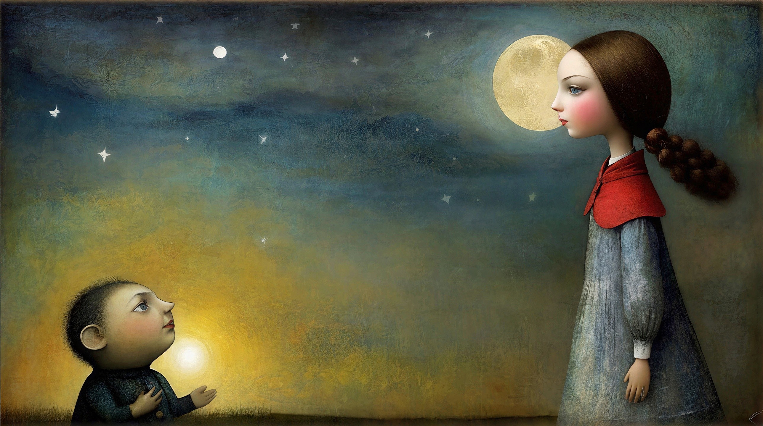 Whimsical Night Scene with Girl and Boy Under Moonlight