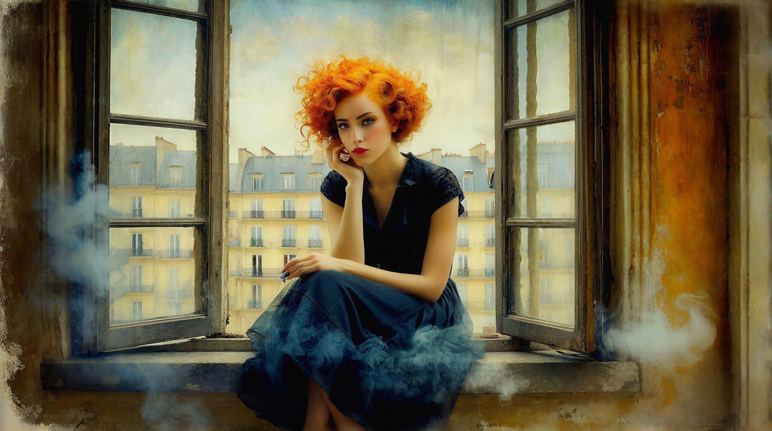 Woman with Orange Hair on Parisian Windowsill