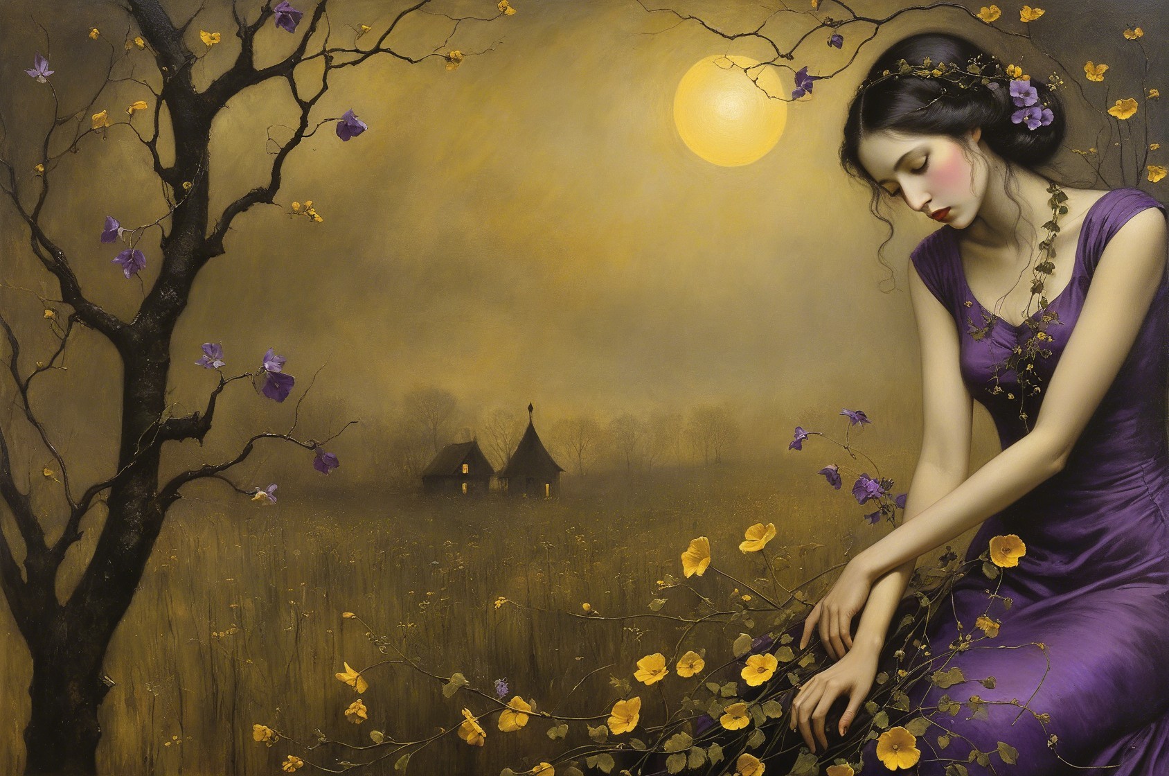 Woman in Purple Dress Surrounded by Blossoms at Night