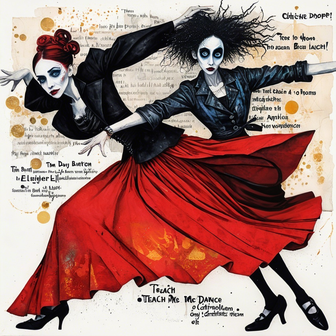 Figures in Black and Red Skirts with Theatrical Makeup