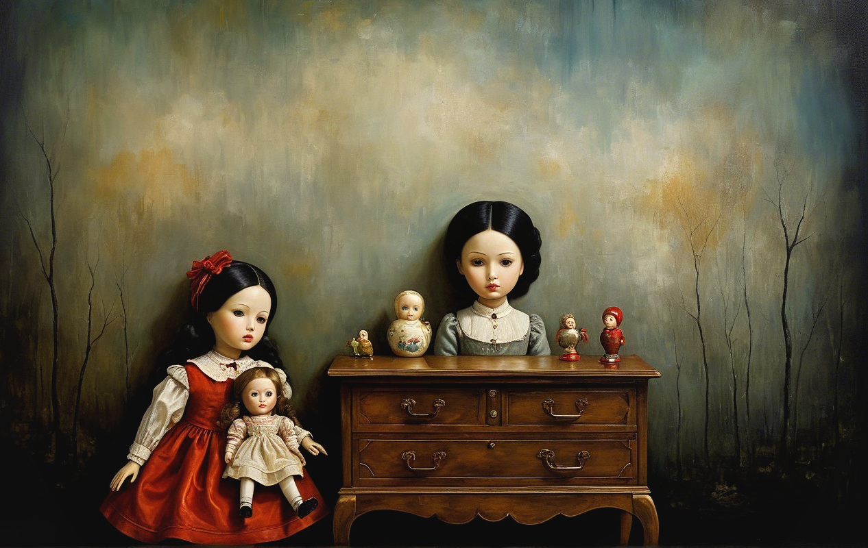 Eerie Scene with Porcelain Dolls and Vintage Dresser