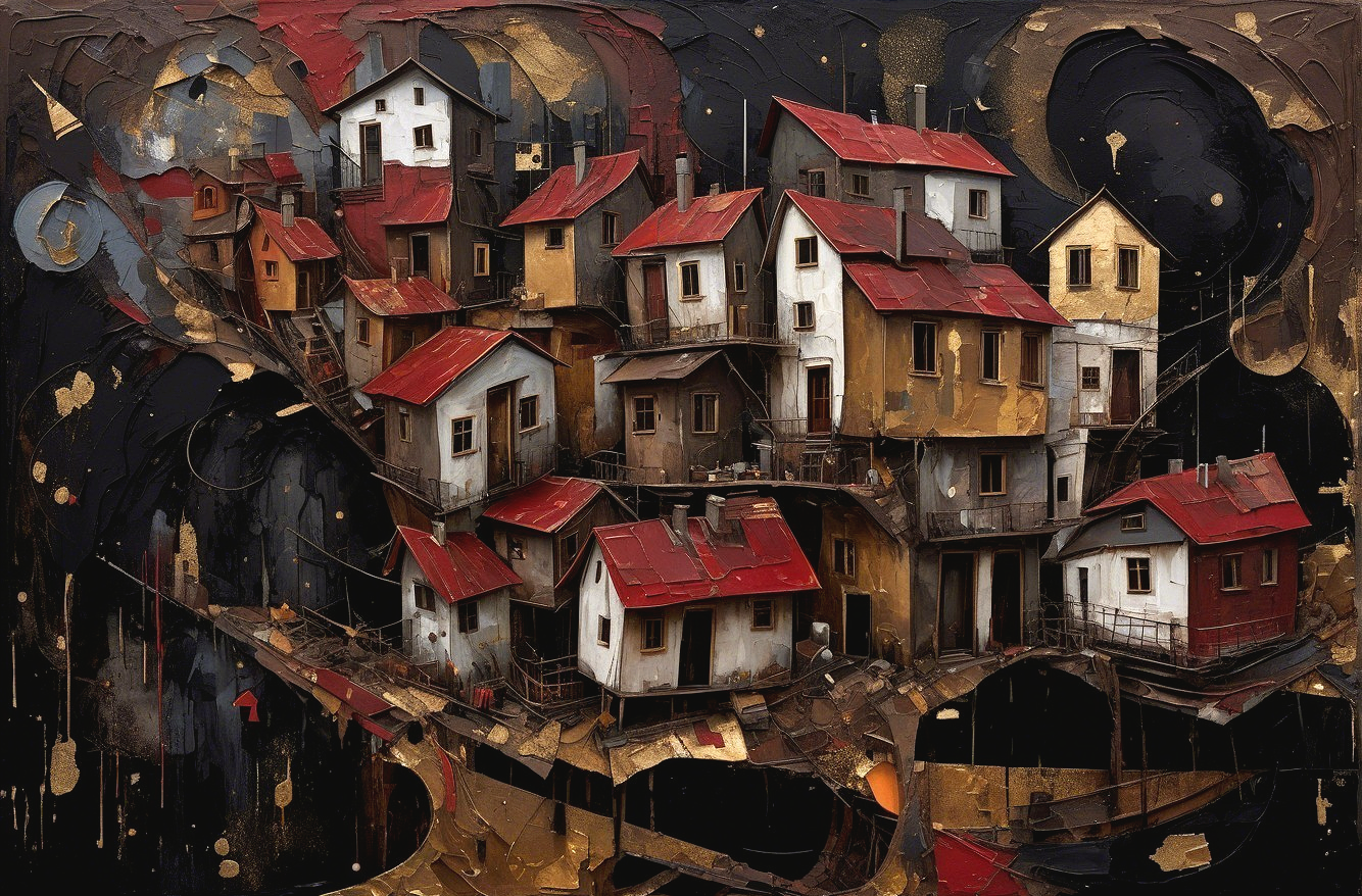 Stylized Houses in Warm Tones Against Dark Background