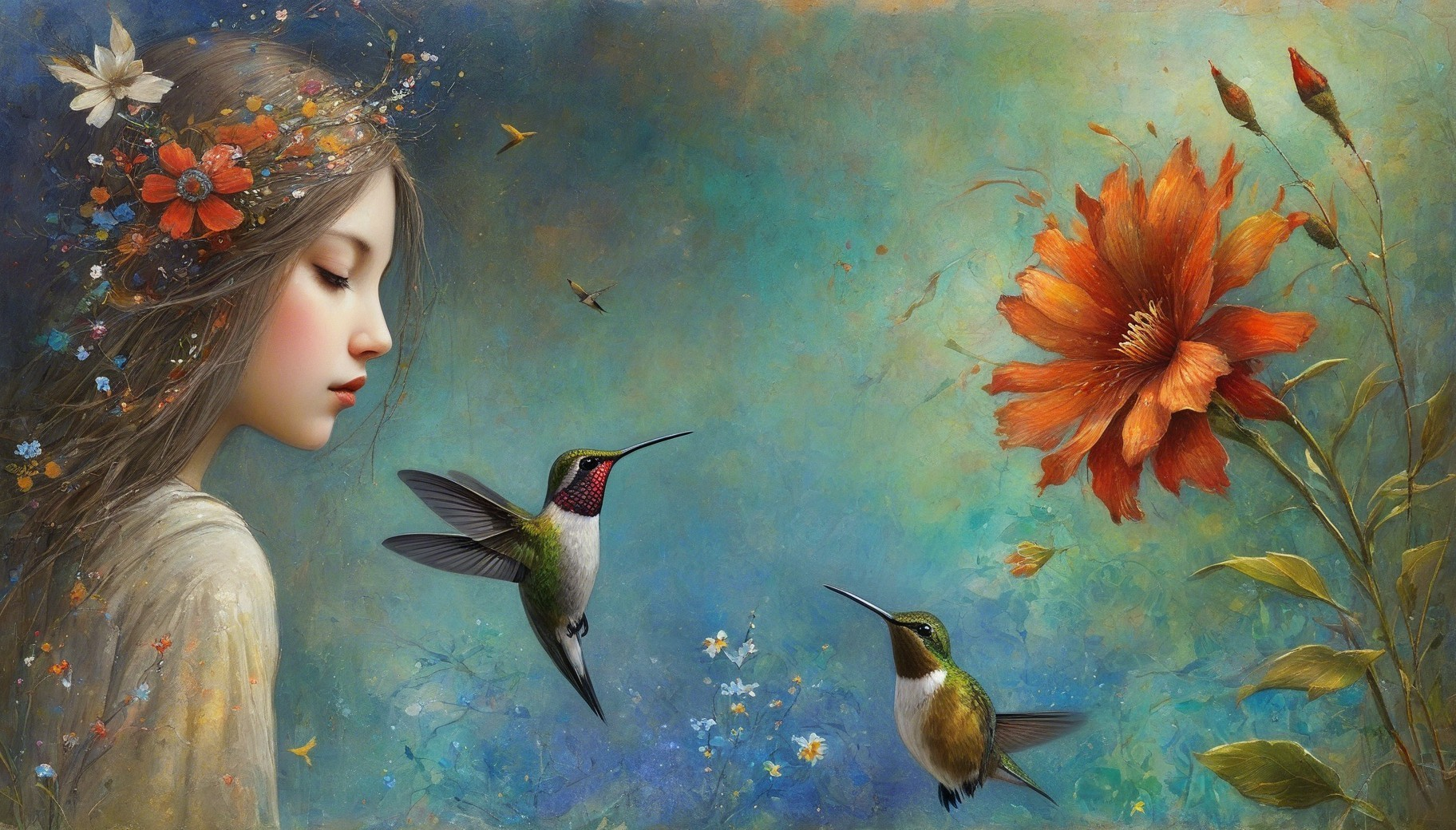 Oil Painting of a Young Woman with Hummingbirds