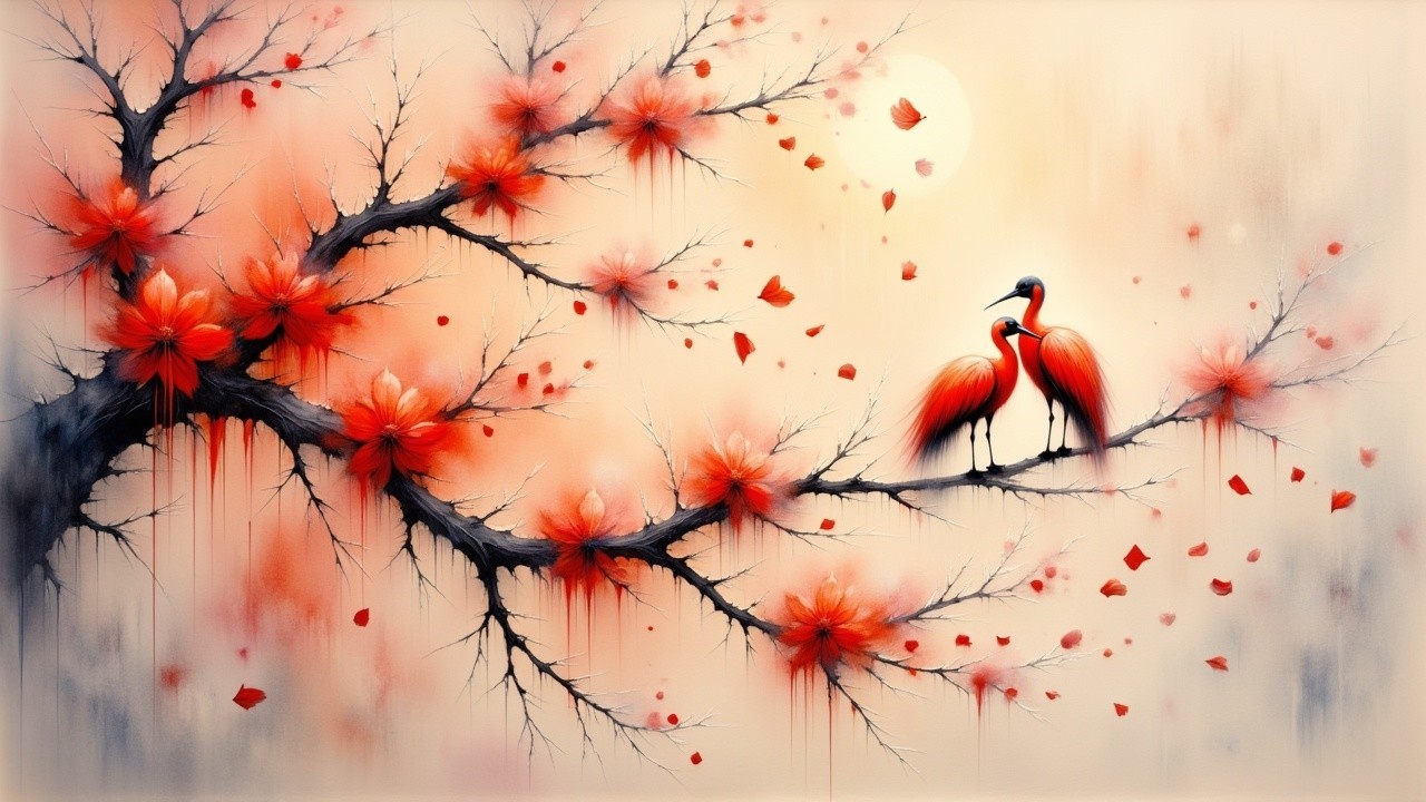 Cranes on Branch with Red Flowers and Moonlit Background