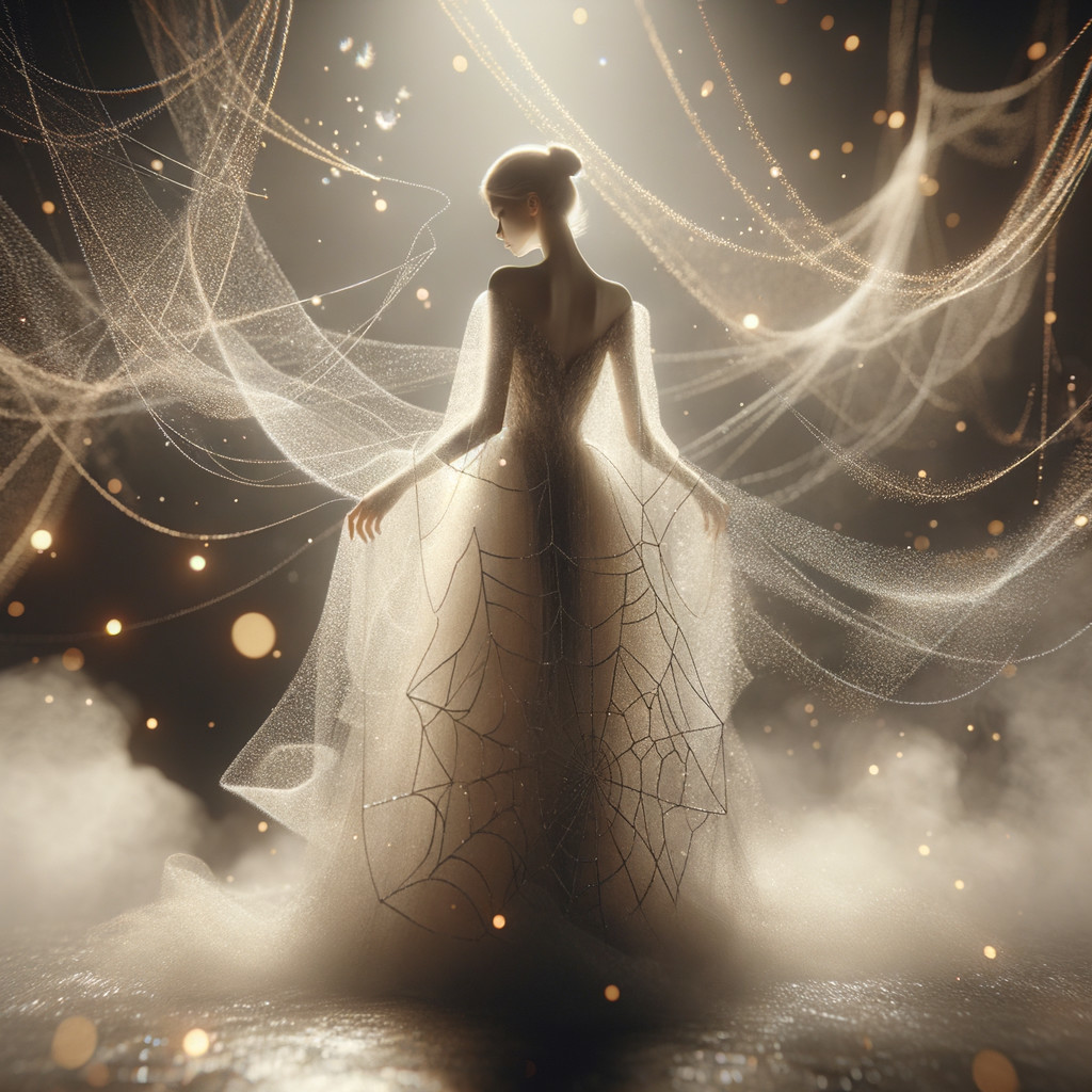 Ethereal Gown with Spiderweb Designs in Soft Light