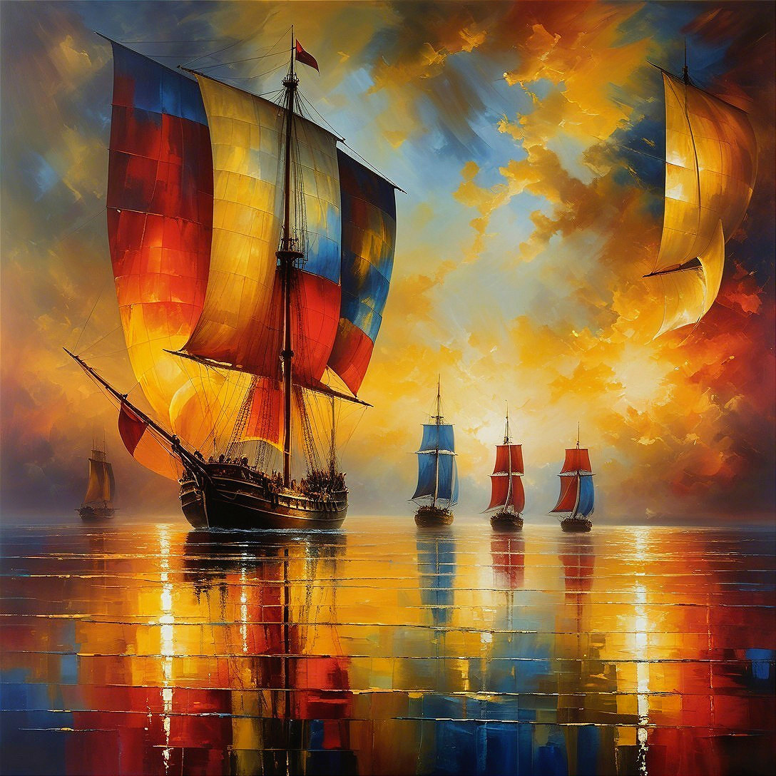 Vibrant Sunset Over Sailing Ships at Sea