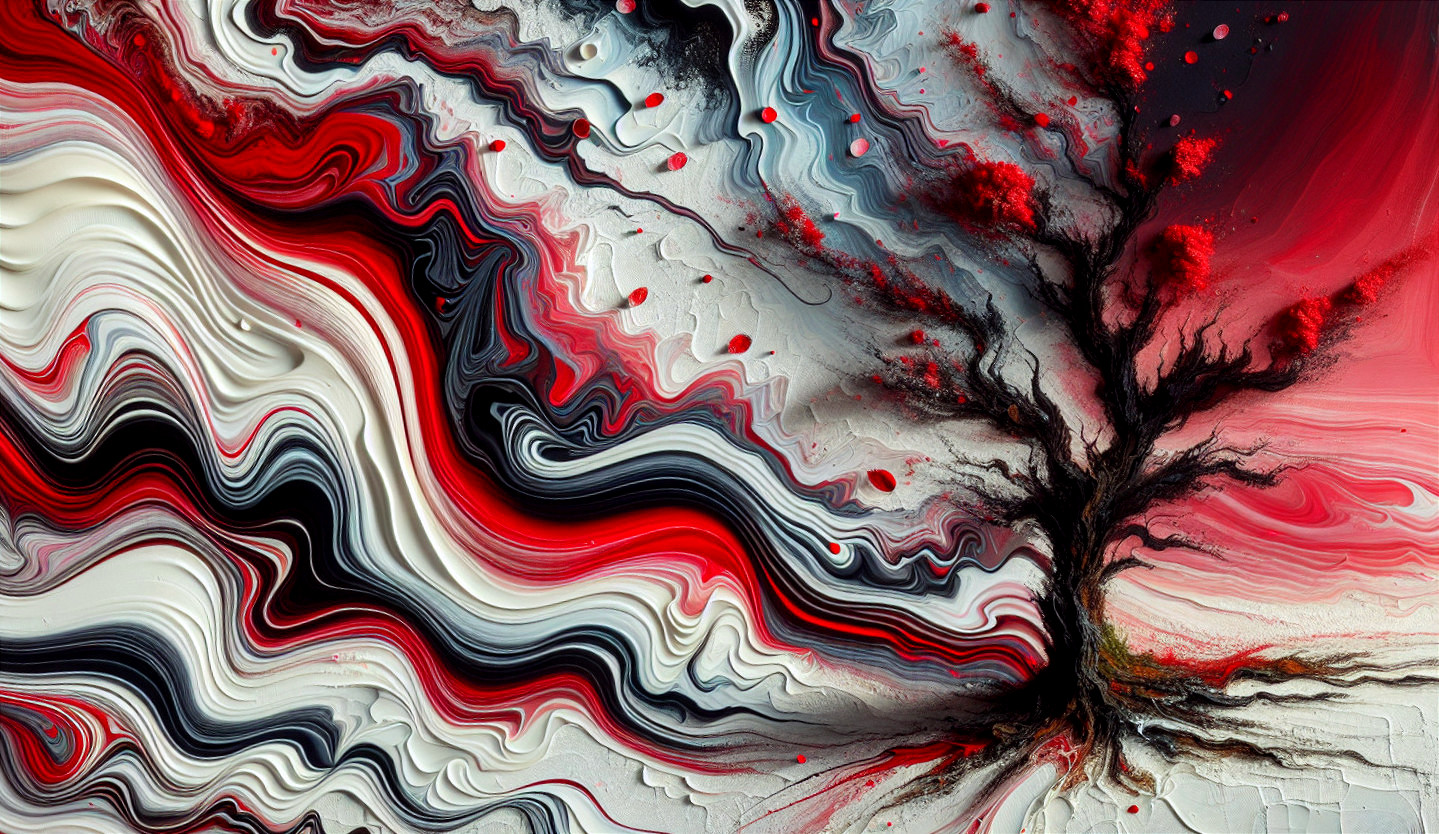 Abstract Landscape with Red, Black, and White Patterns