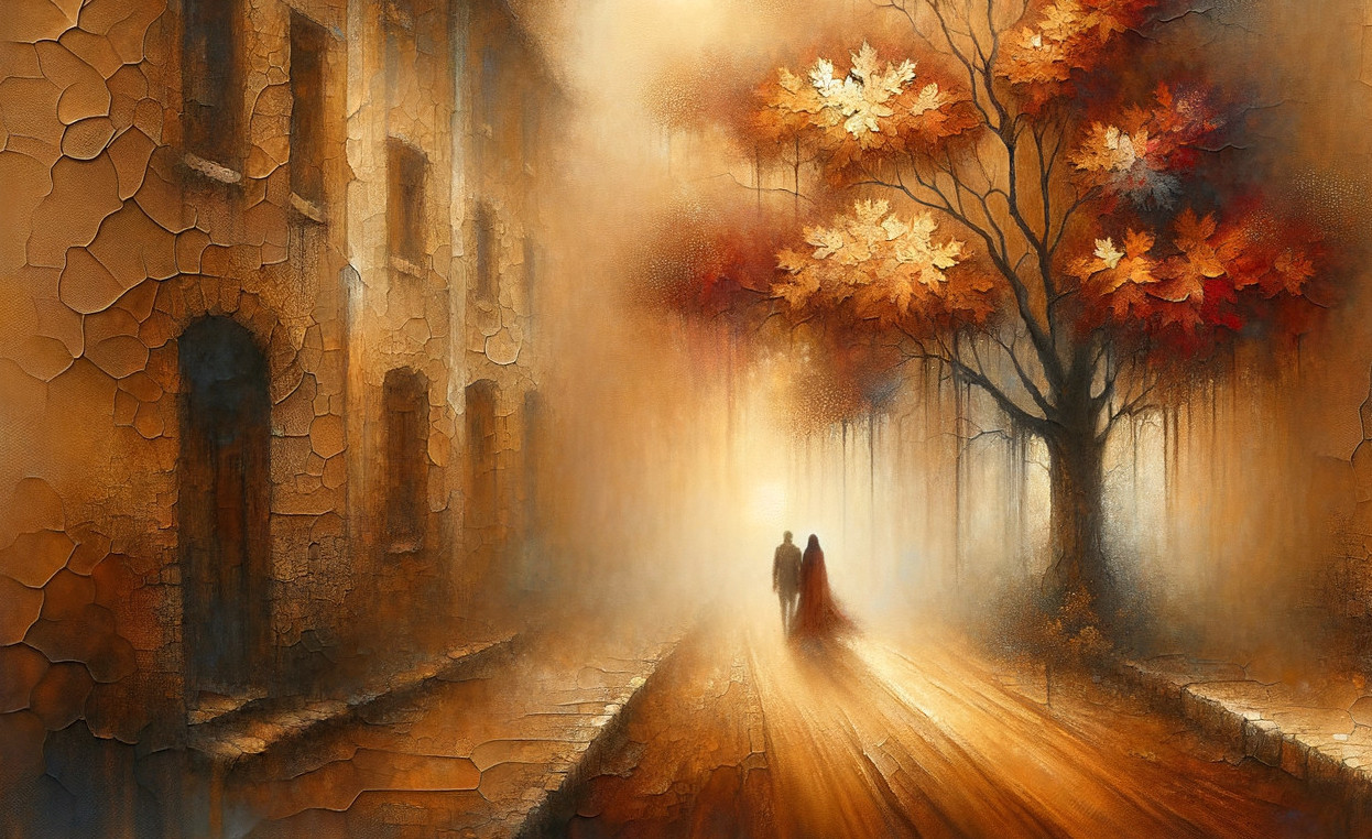 Serene Autumn Scene with Figures on Misty Path