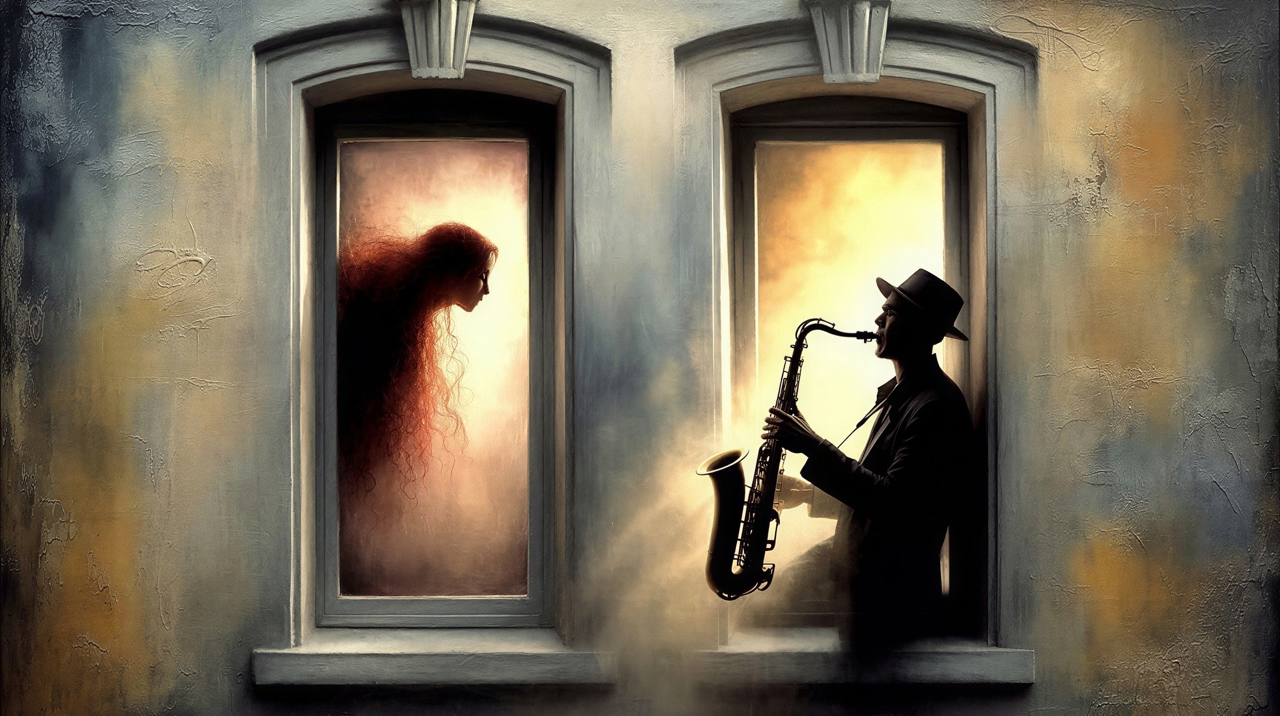 Silhouette of Saxophonist and Mysterious Figure in Windows