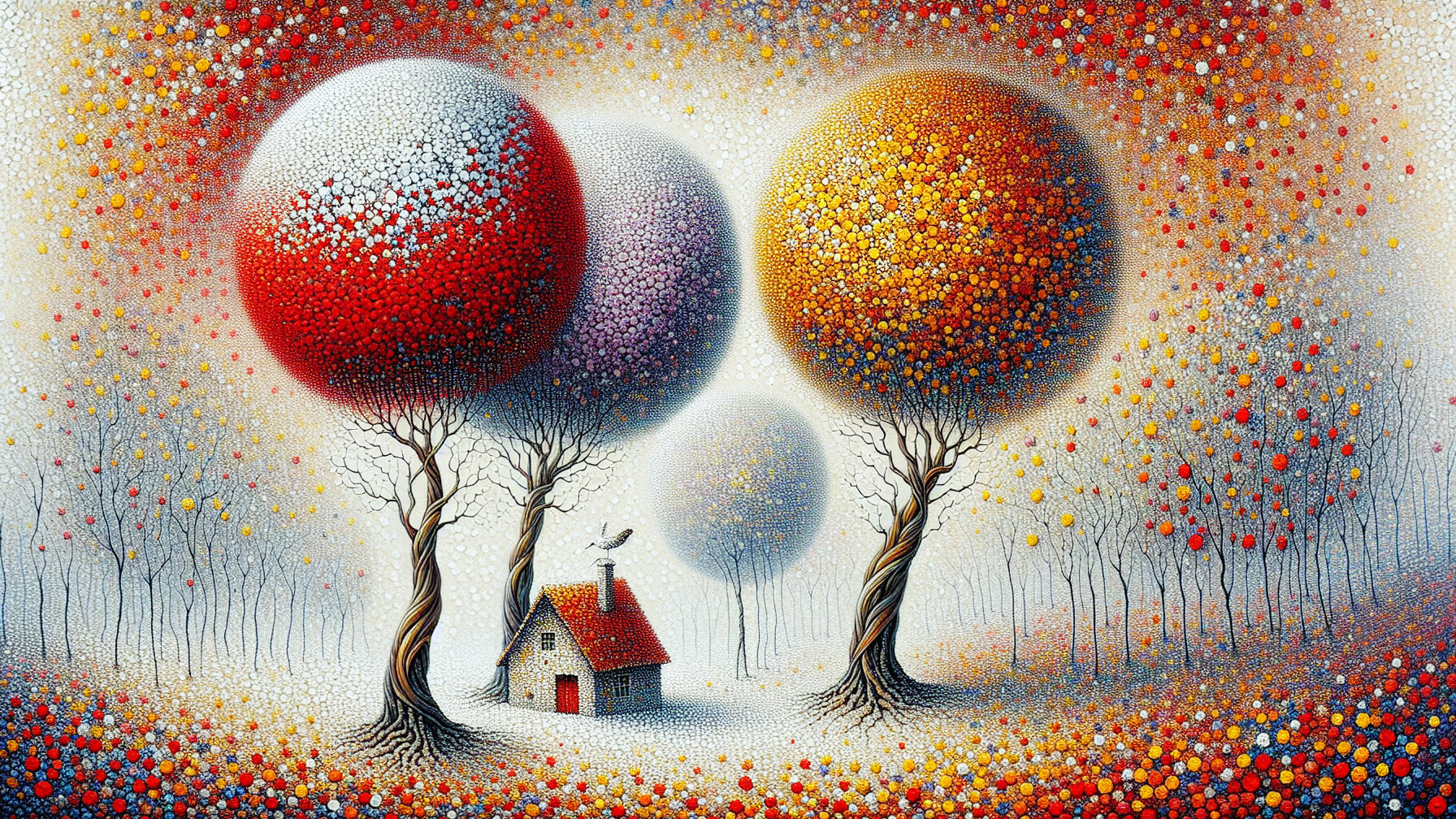 Whimsical Landscape with Cozy House and Colorful Trees