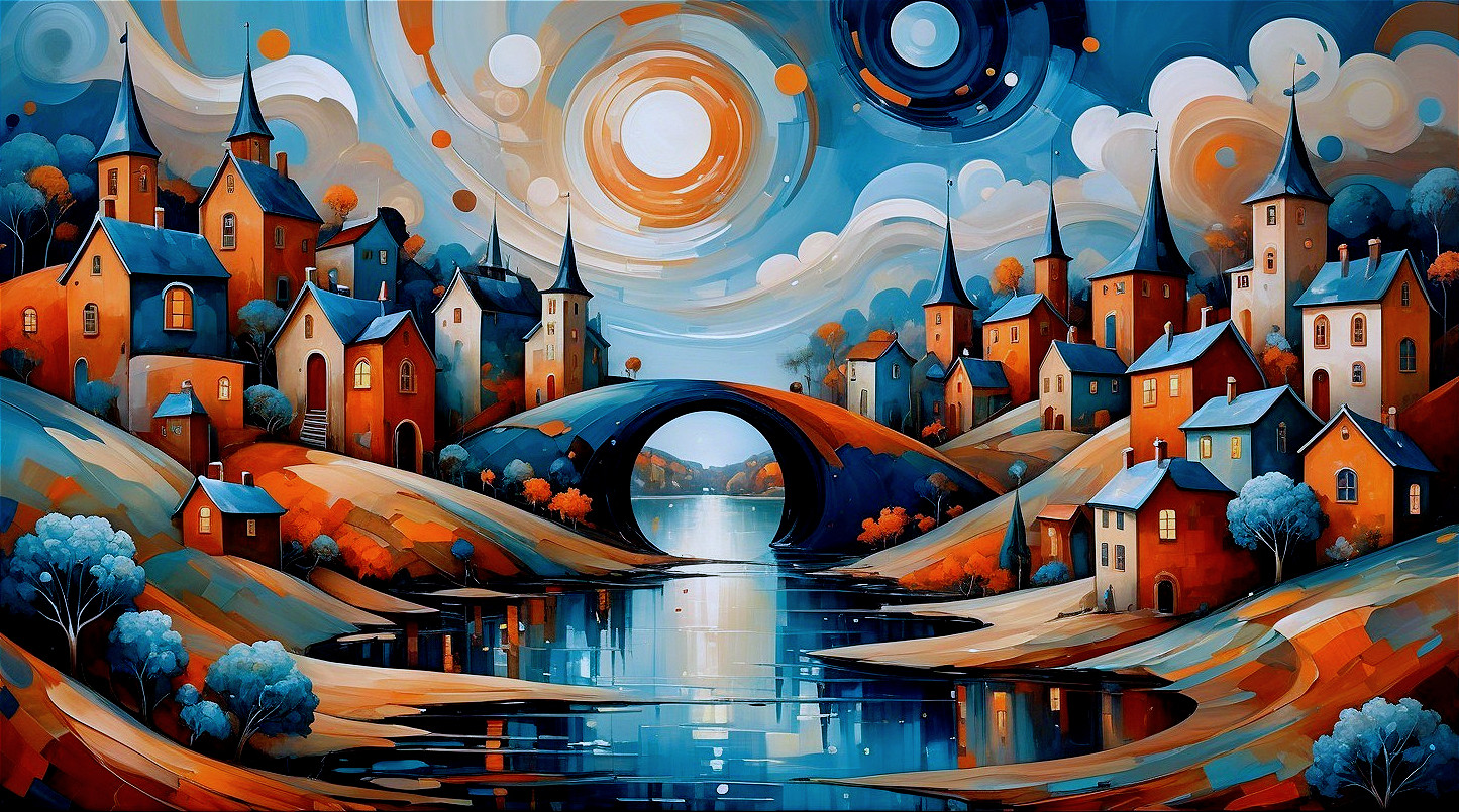 Whimsical Houses and Serene River Landscape Scene