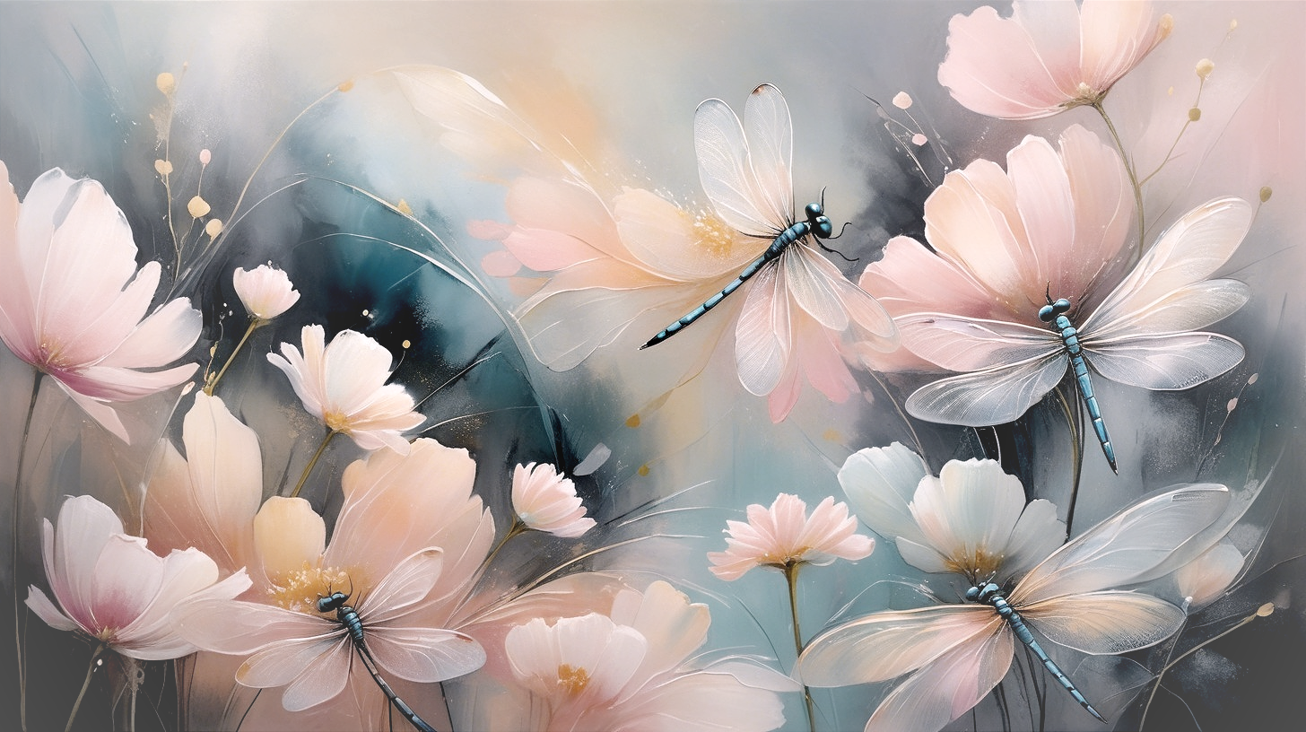 Soft Pink Flowers and Dragonflies in Pastel Background