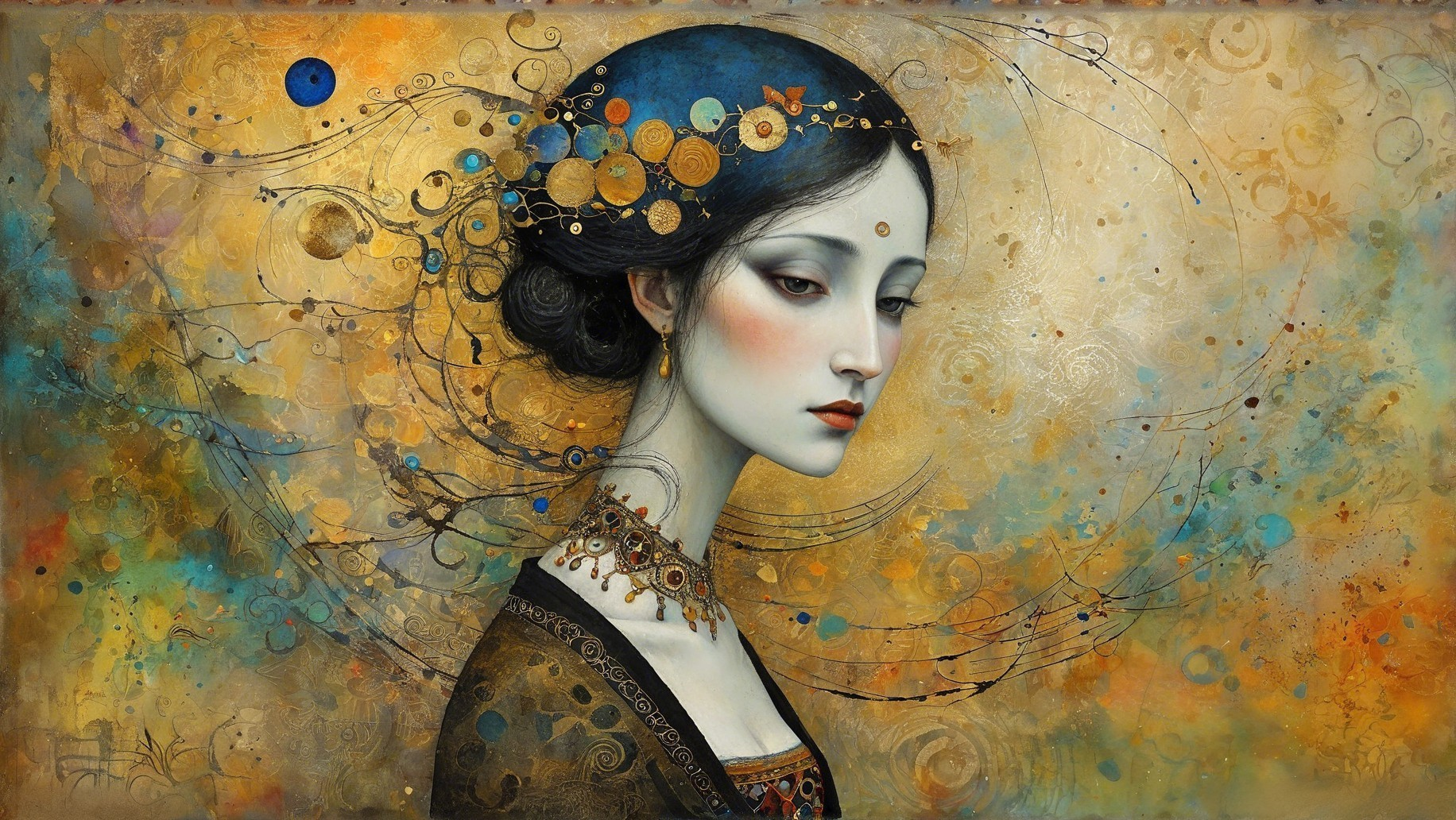 Serene Woman with Dark Hair and Intricate Jewelry