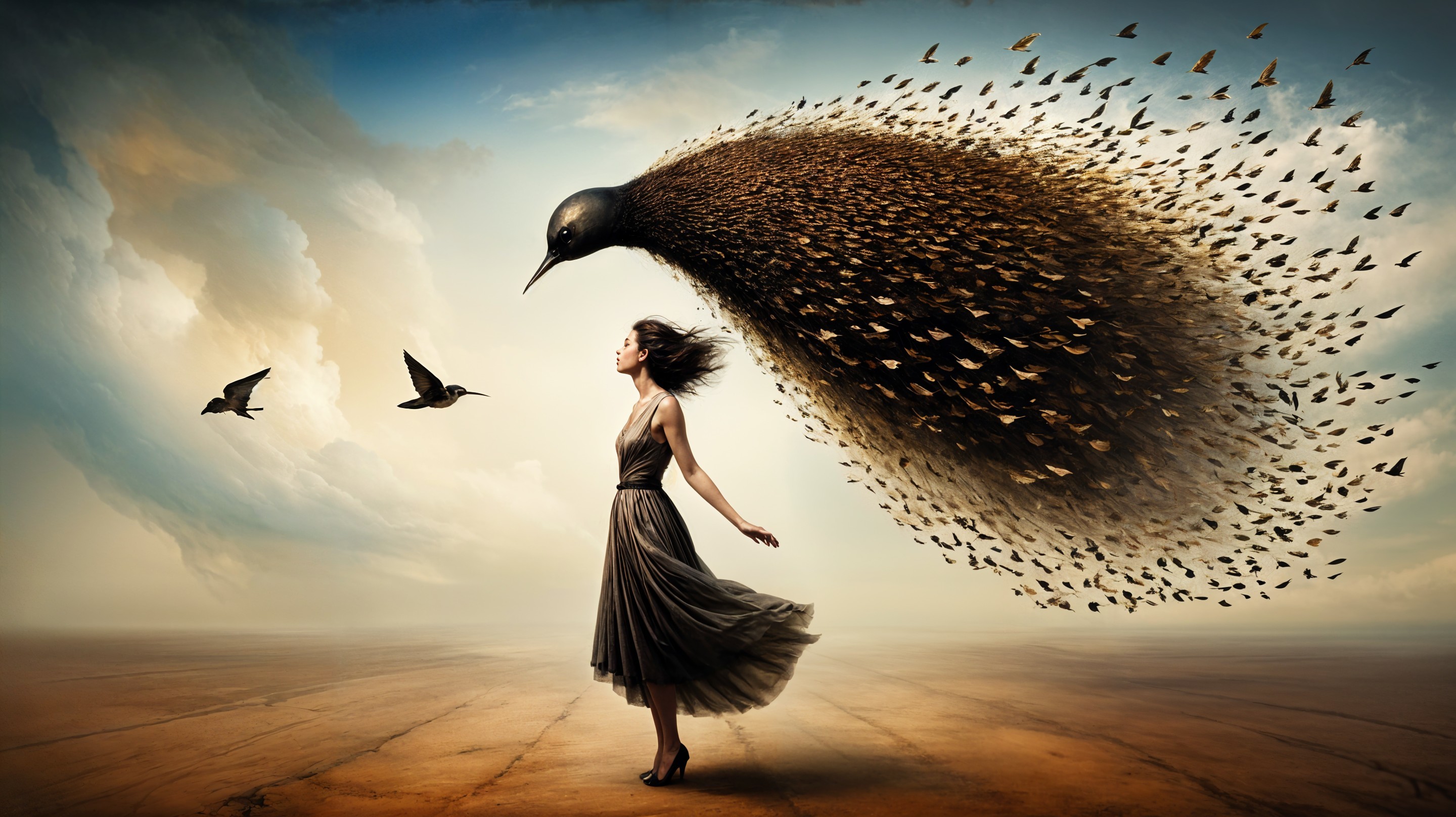 Surreal Landscape with Woman and Swirling Birds