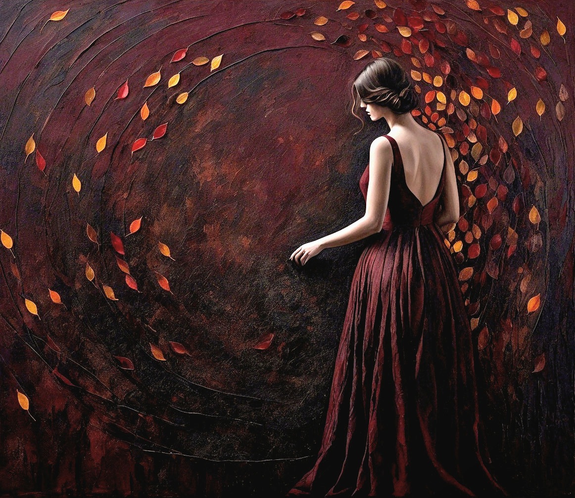 Elegant Woman in Burgundy Dress Against Autumn Background