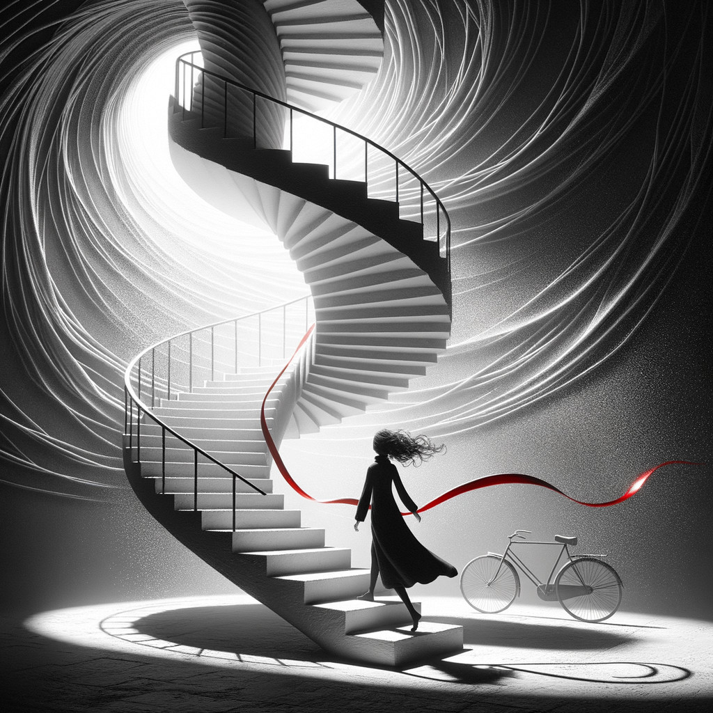 Black-and-white scene of a spiraling staircase and woman