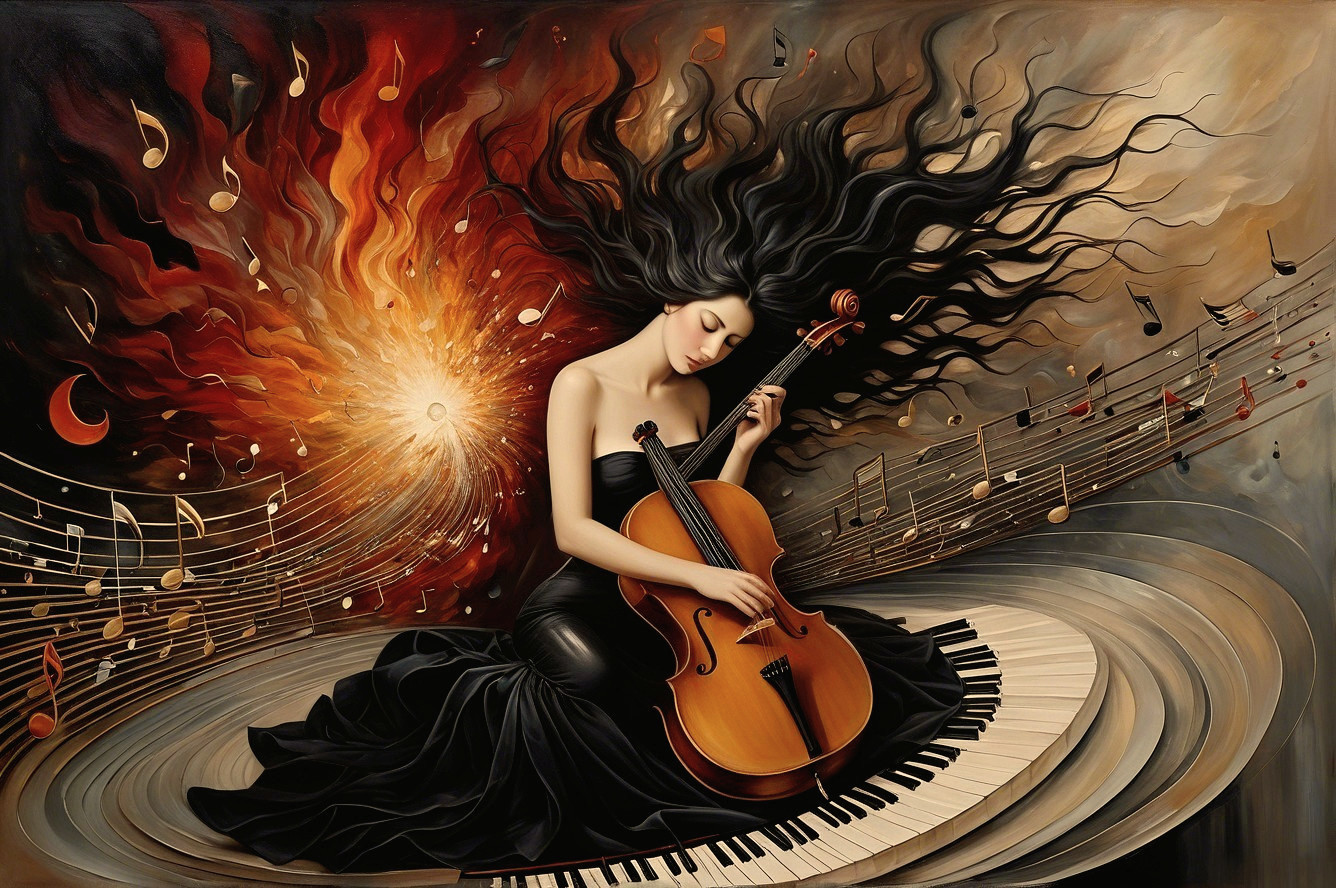 Woman with Black Hair Playing Cello on Colorful Piano