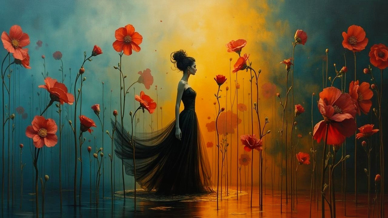 Woman in Black Dress Surrounded by Red Poppies