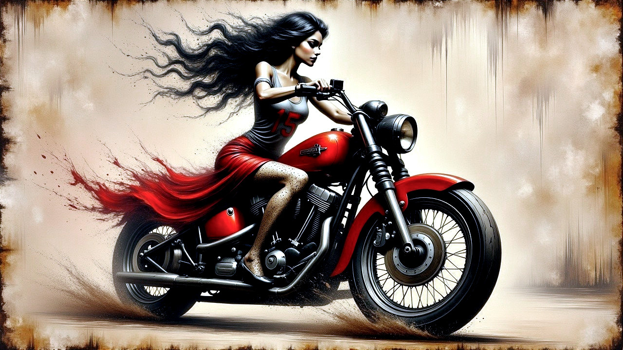 Fierce Woman on Vibrant Red Motorcycle in Motion