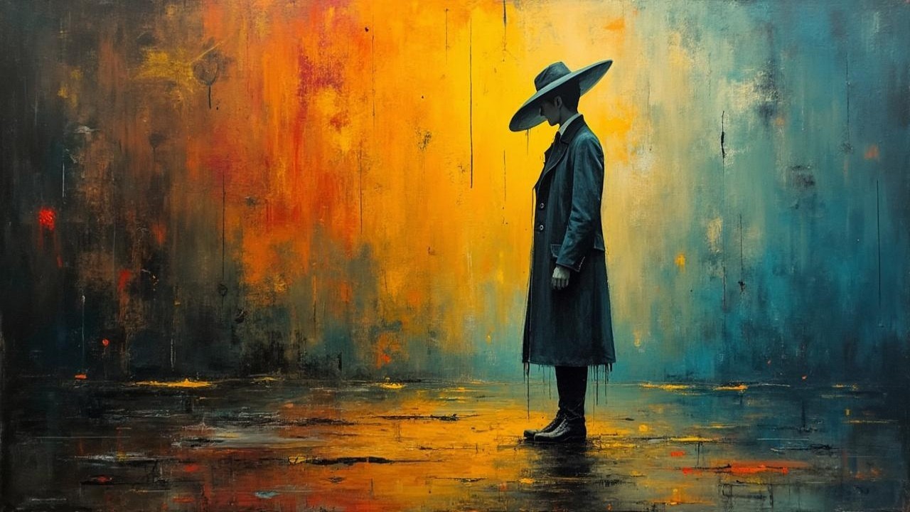 Solitary Figure in Vibrant Orange and Blue Scene